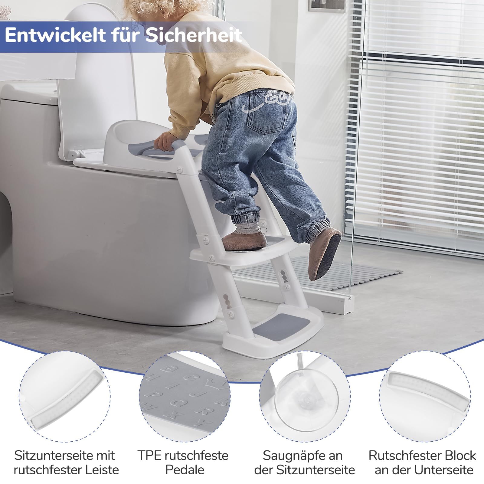 DEANIC Toilettensitz Kinder mit Treppe, Töpfchen mit Leiter,PU Gepolstert, Toilettenaufsatz für Kinder ab 1-7 jahre, Klositz für Kinder 38-47cm (Grau)