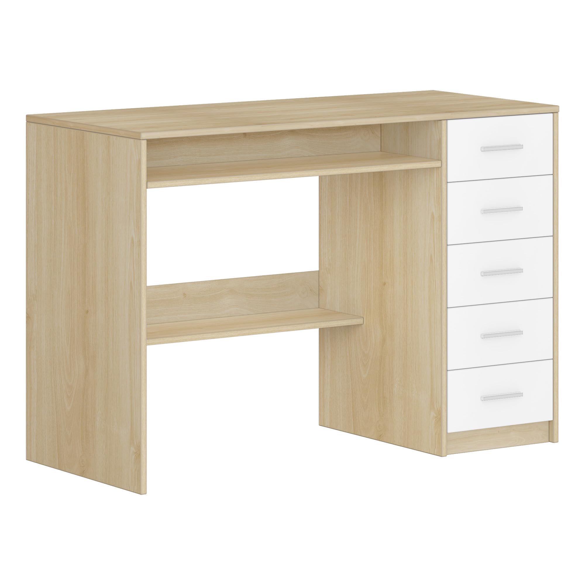 Hzuaneri Mesa Ordenador con 5 Cajones, Mesa de Oficina, Escritorio Moderno con Almacenamiento, para Estudio, Oficina, Dormitorio, 50 x 108 x 75 cm, Roble y Blanco CD10531X