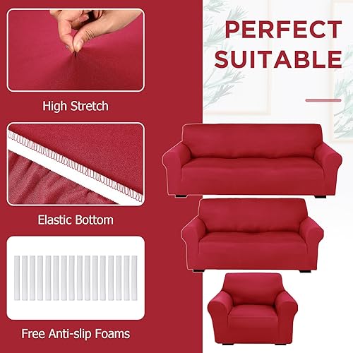 Miniatura 3 de Peryiter Juego de 3 fundas para muebles de sofá, sofá biplaza, sillón y sillón, ajuste elástico, sin arrugas, protector de muebles (rojo Navidad,
