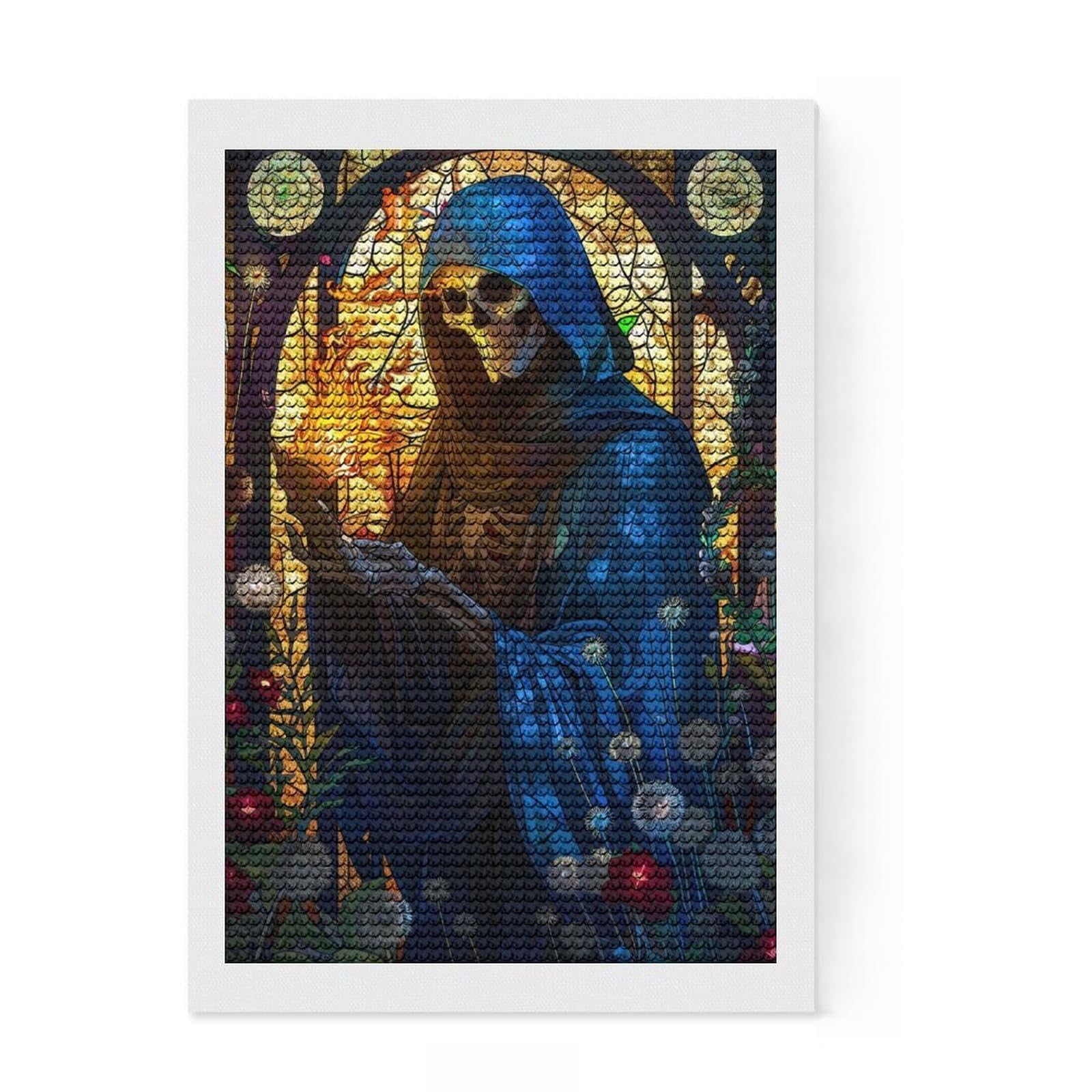 Junmoney Grim Reaper Stained Glass Round Drill Diamond Painting 8"x12", Winter Craft, Boho Decor, for Adults, Home Wall Art, Full Kit Included
