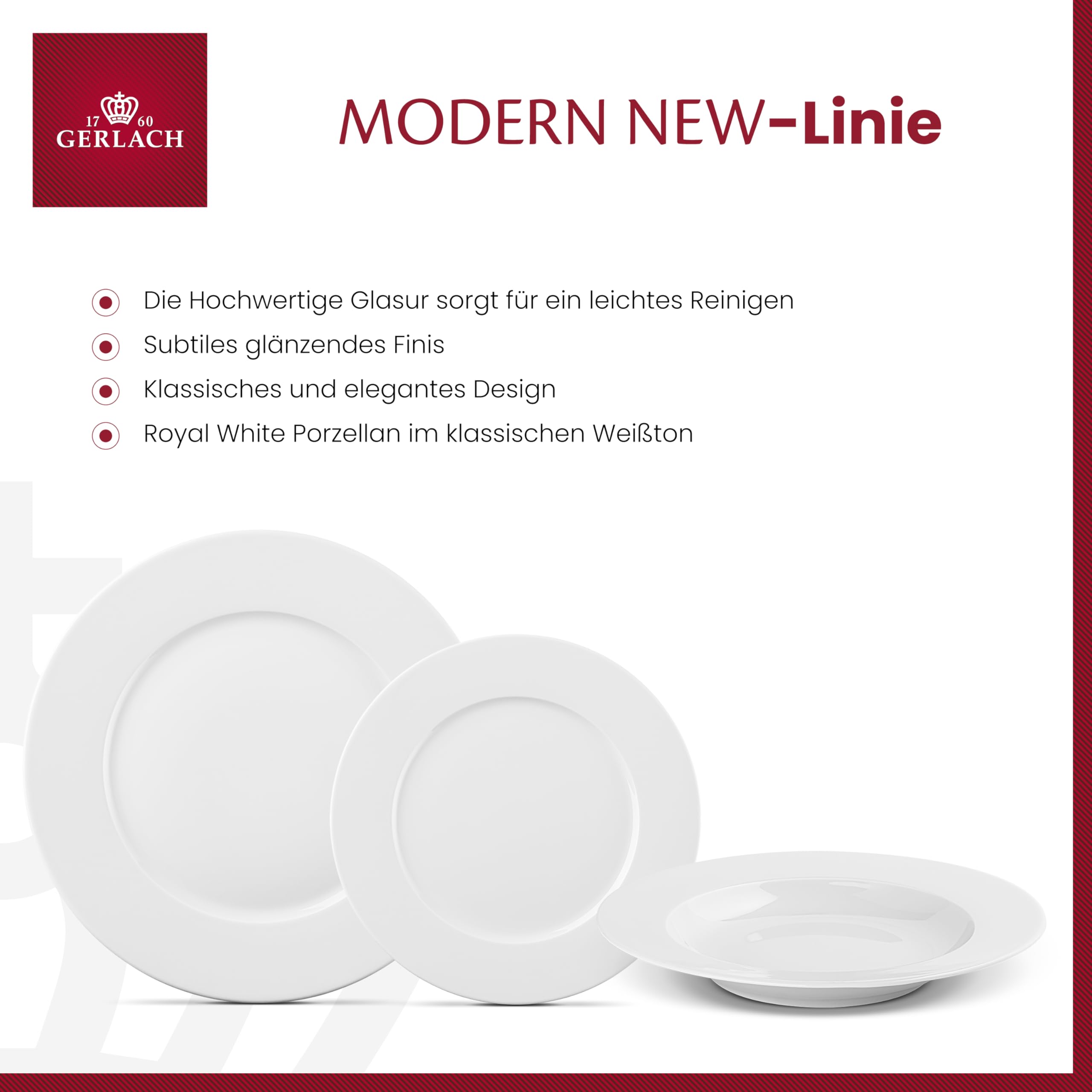 Gerlach 1760 Geschirrset - 18 Stück - Tafelservice 6 Personen - Teller Set - Porzellan Modern, Weiß