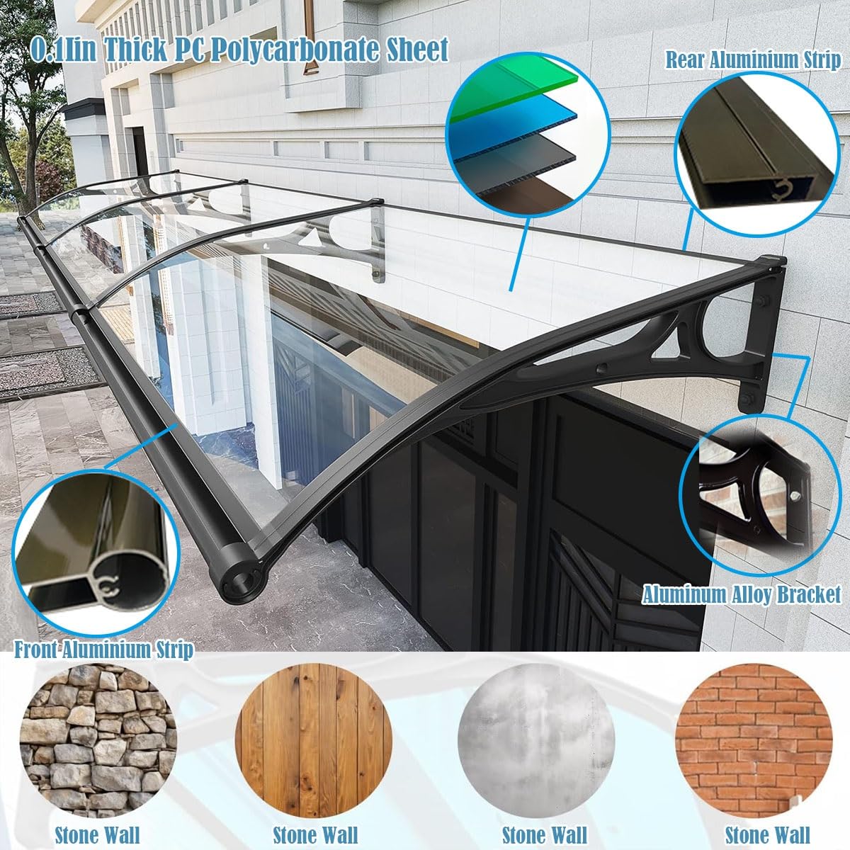 Solidny baldachim drzwiowy – 50 x 200 cm patio schronienie przed deszczem z ochroną przed promieniowaniem UV i ow, aluminiowy wspornik, niebieski design na werandę i do ogrodu