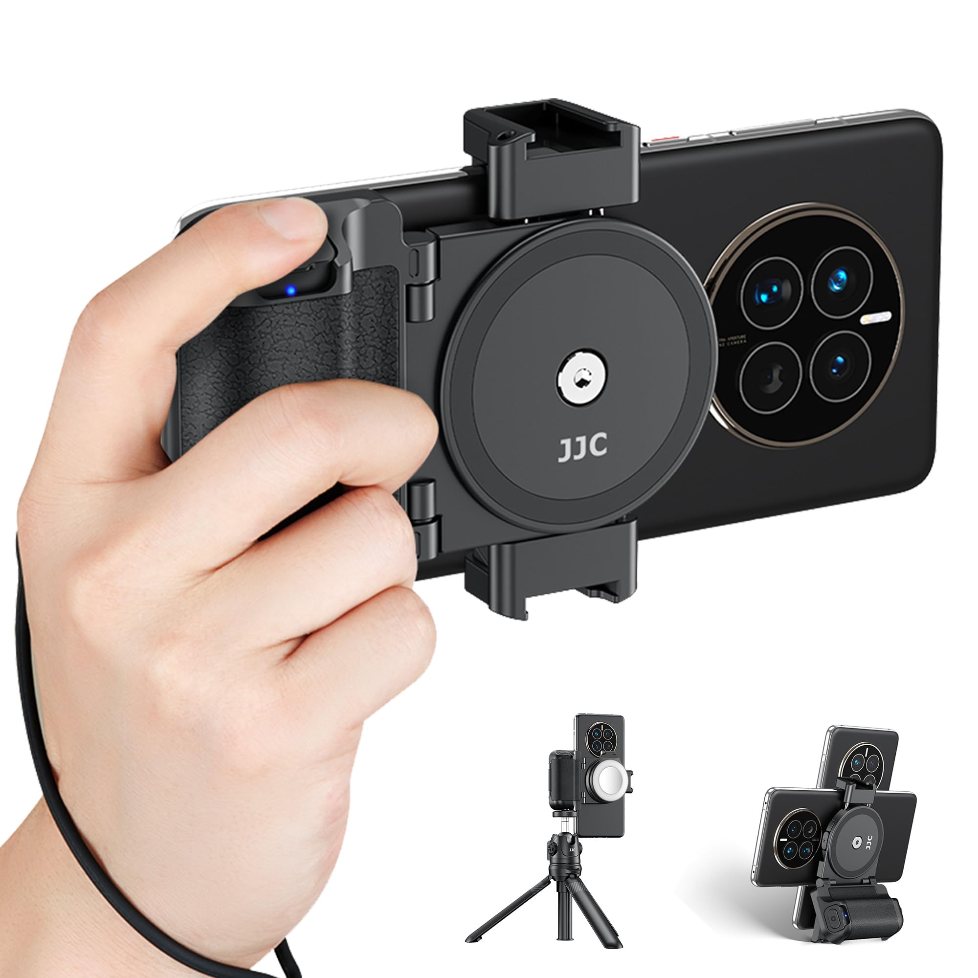 Samsung Smartphone Photography Grip with Tripod Mount & Wireless Shutter Remote Control, Selfie Grip Handle Stand for iPhone Android Phone Vlog Video Black