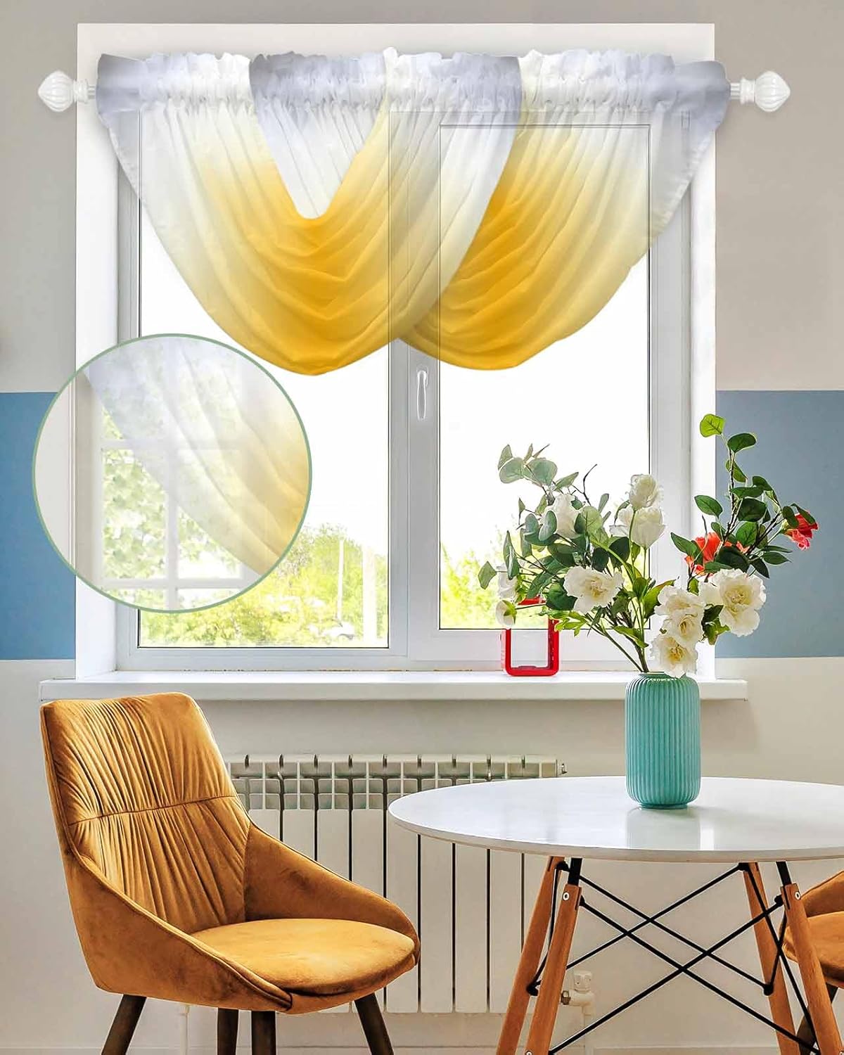 Grey Yellow Ombre Sheer Waterfall Valance Curtains for Window, Gray Gradient Farmhouse Rod Pocket Sheer Topper Swag Curtains for Living Room, Kitchen 38.5" W x 47.2" L, 3 Panels