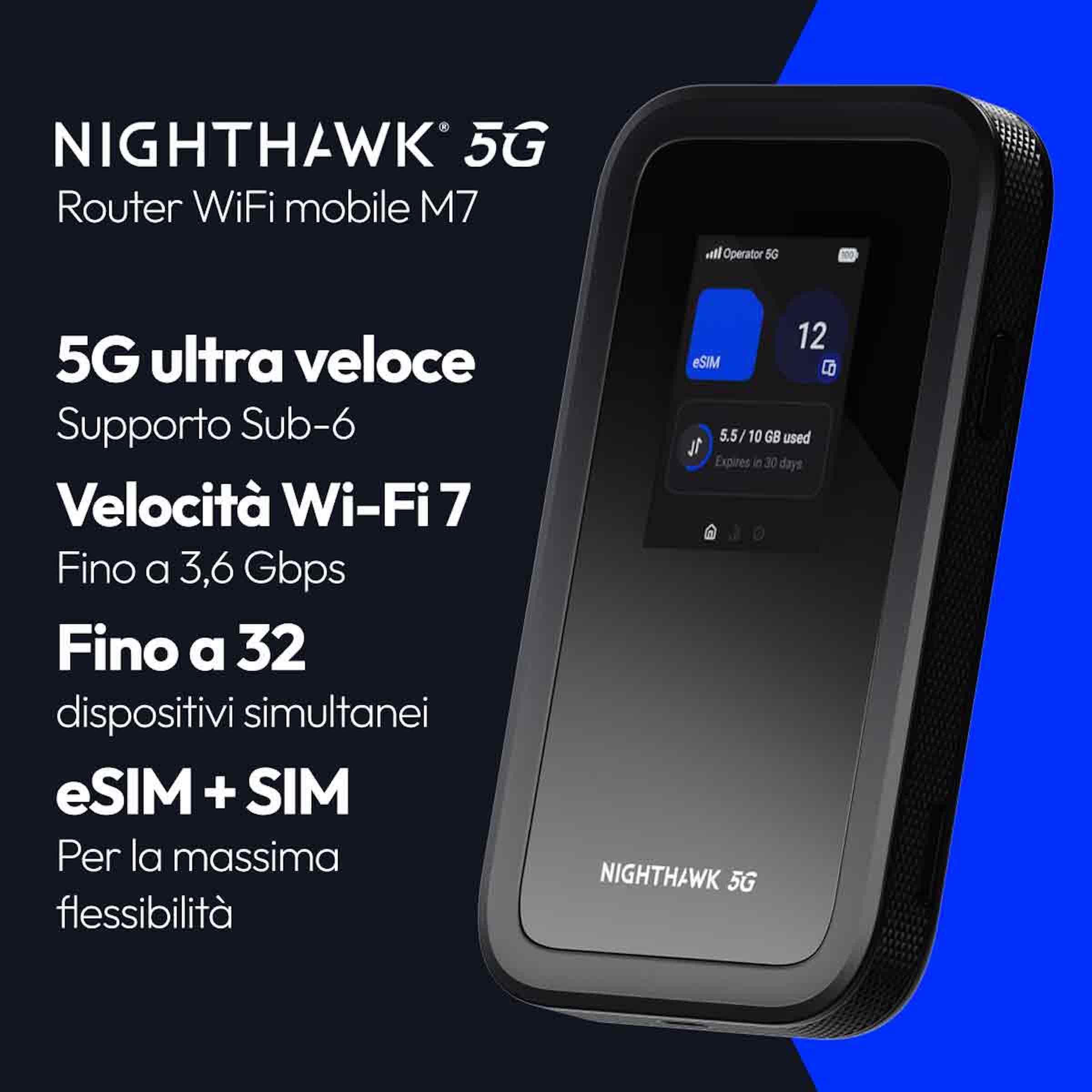 NETGEAR Nighthawk M7 | Router mobile 5G con eSIM | Saponetta Wifi | Hotspot WiFi portatile sbloccato con slot SIM fisico compatibile con qualsiasi operatore | 5G/4G/LTE | Wi-Fi 7 | 3,6 Gbit/s | MH7150