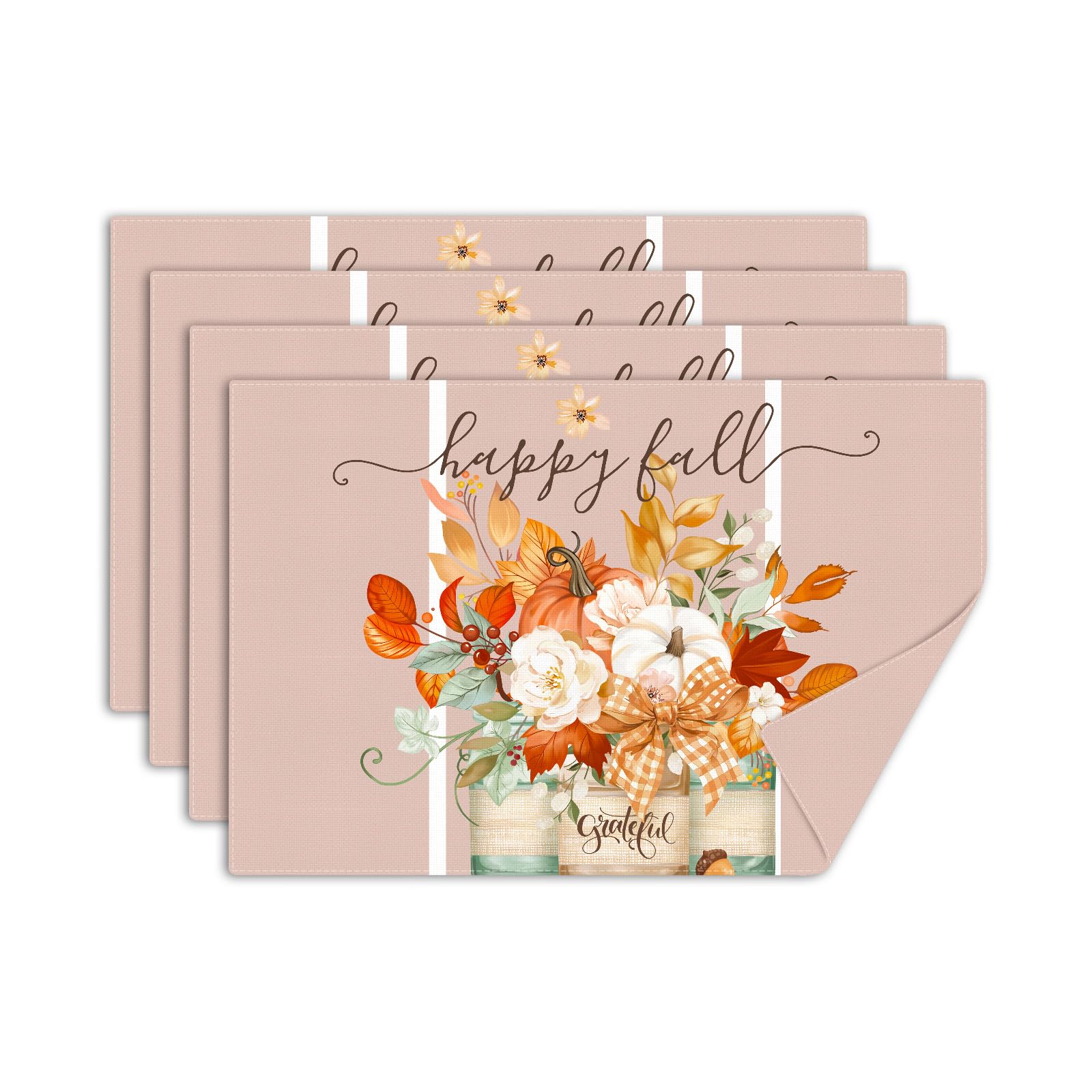 comfoyar Pumpkin Flower Vase Table Placemats Set of 4, 45x30cm Washable Heat Resistant Happy Fall Place Mats, Absorbent Thanksgiving Maple Leaf Linen Table Mats for Kitchen Dinning Party Decoration