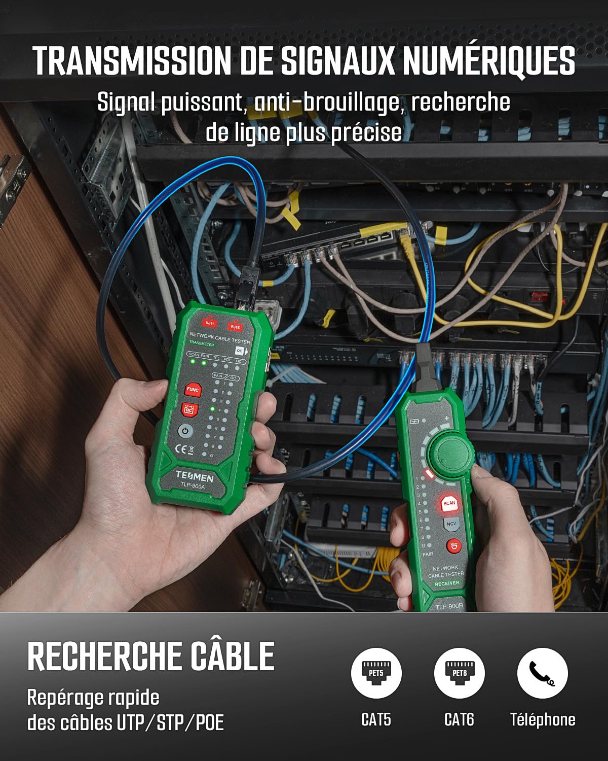 TESMEN TLP-900AR Testeur de câbles réseau, RJ11 RJ45, pour CAT5/6/POE/STP, Continuité, QC&NCV, Adapté à Ethernet, Téléphone, Maintenance et tri des câbles - Vert