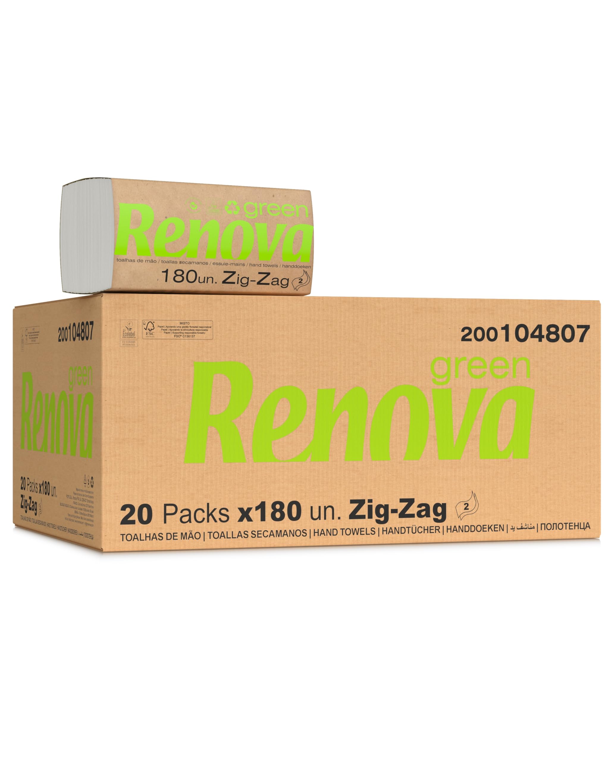 Renova Zig-Zag Renovagreen Lot de 20 paquets de 180 serviettes en papier recyclé 2 couches, certifié FSC et Ecolabel