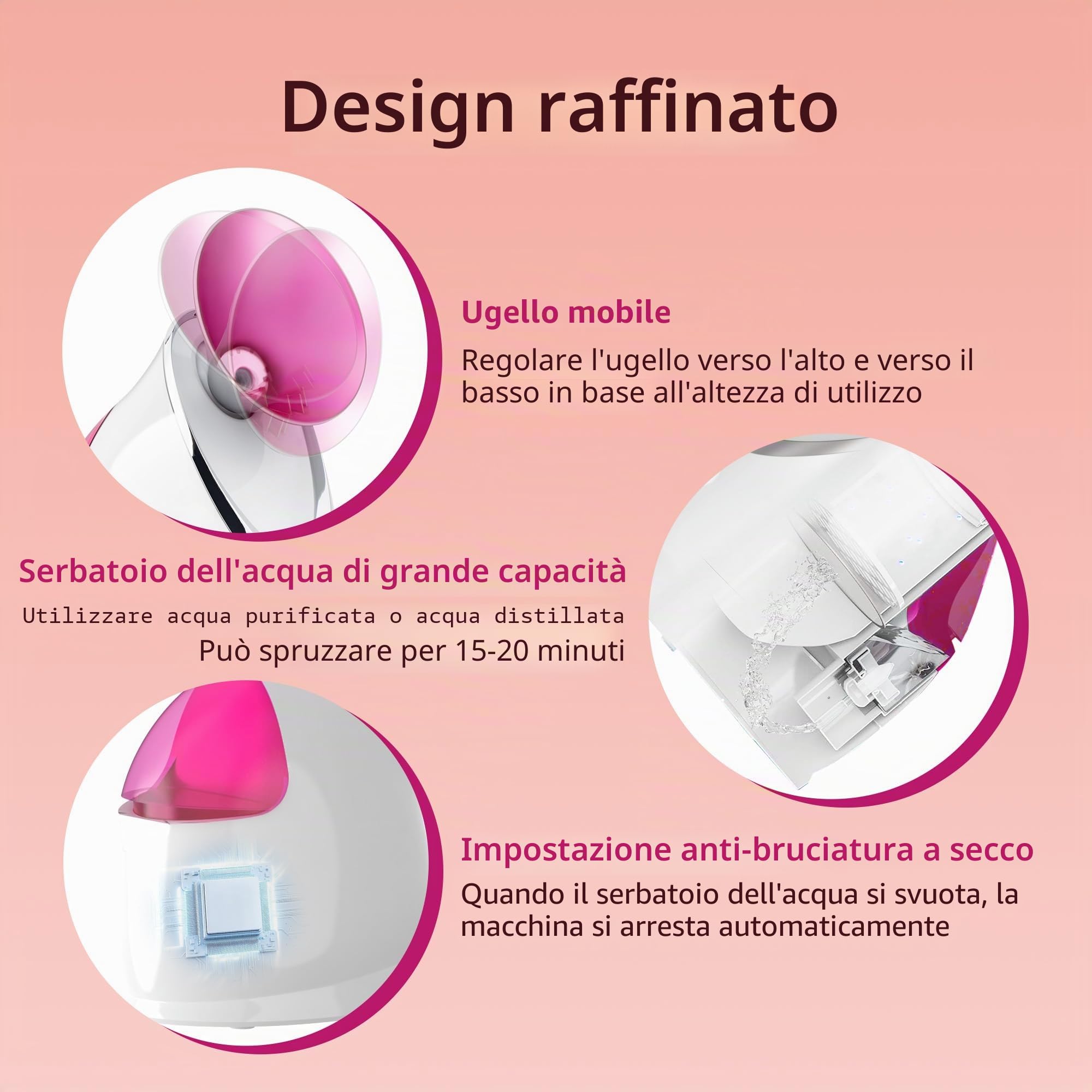 Vaporizzatore Viso Vaporizzatore Facciale Nano-Ionico Sauna Facciale Domestica, Libera Pori, Atomizzatore a Nebbiolina Tiepida, Umidificatore Spa Facciale 1 Pack + 5 Stainless Steel Skin Kit Rosa