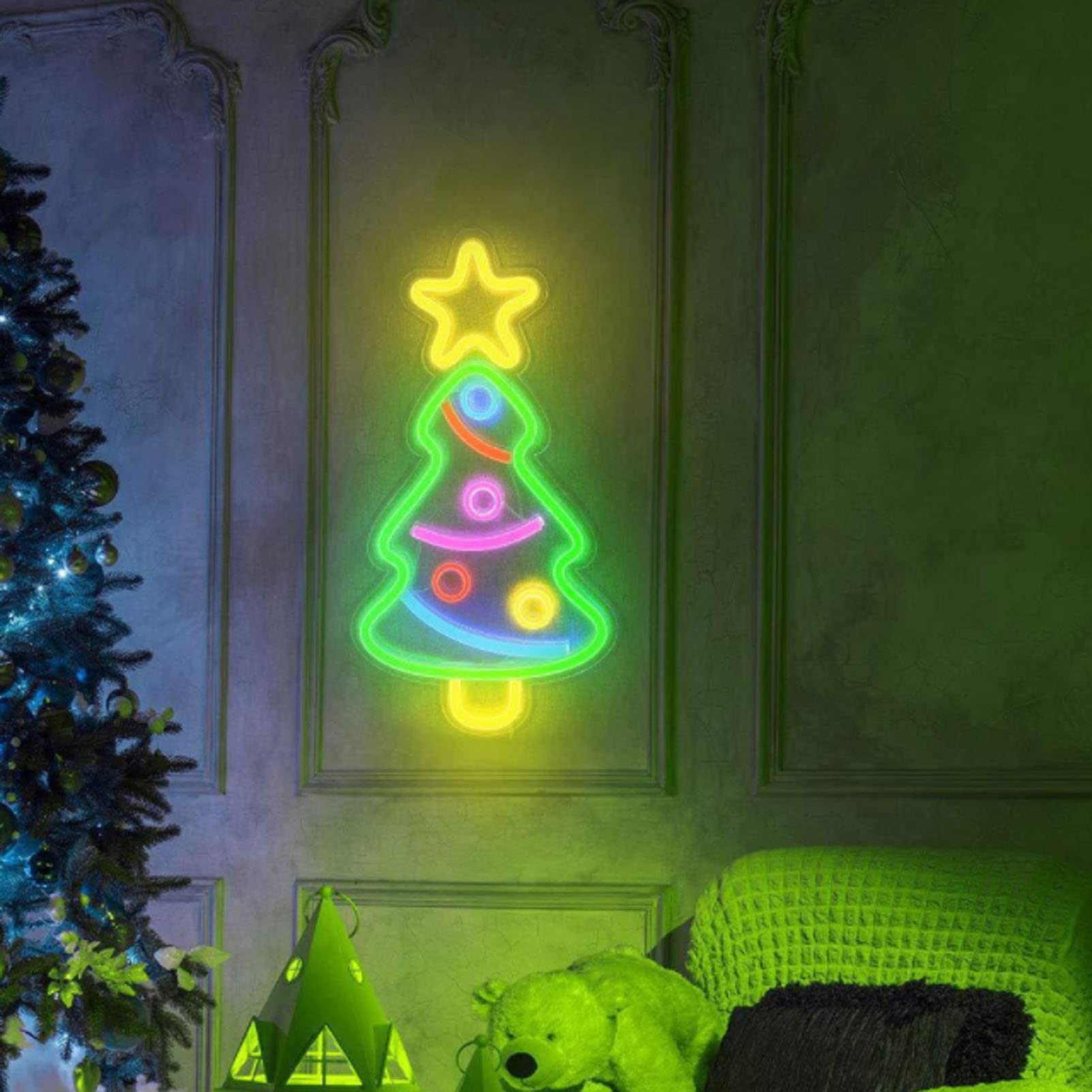 GlobaLink Albero di Natale da Parete Pieghevole con Luci a 110 LED, Albero Decorazione Natalizia Unica Creativa da Appendere a Muro per Natale Casa Ufficio Appartamento Feste, Luce Bianca Calda, 76 CM