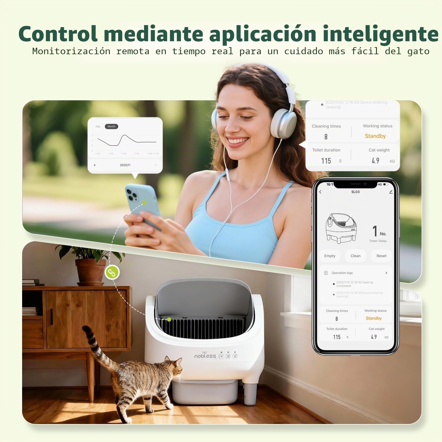 Nobleza Arenero Autolimpiable para Gatos SL03 - Caja de Arena Automática con Control por App, Diseño Abierto y Seguro, Capacidad XXL 12L para Varios Gatos, Incluye Bolsas y Ambientador, Blanco