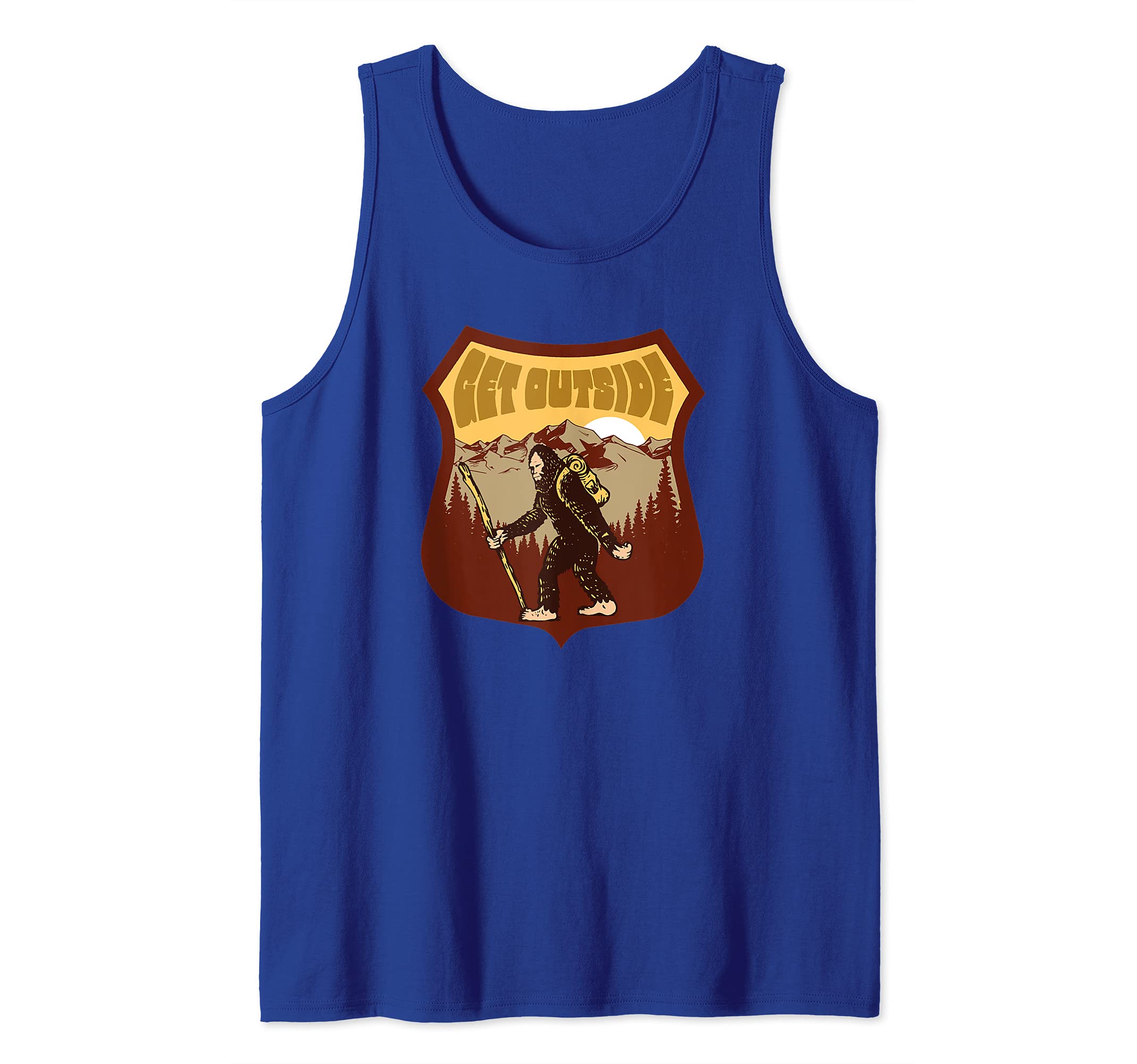 Get Outside Hiking Bigfoot Outdoors Nature Sasquatch Tank Top, Blue