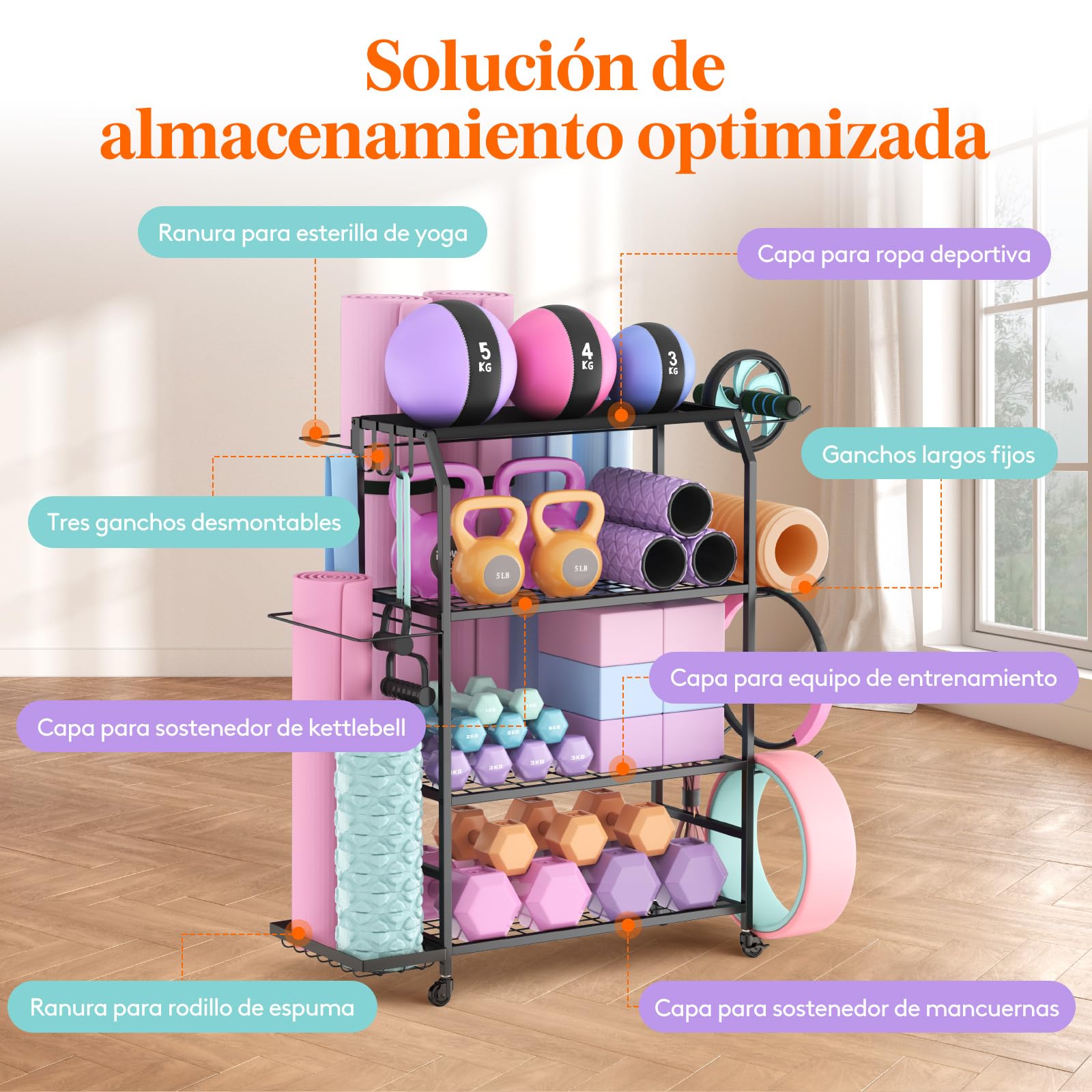 Lifewit Estante de Almacenamiento de Yoga Esterilla, Organizadores de Equipos para Mancuernas/Kit Pesas/Pesa Rusa/Ketelbell, Soporte Multifuncional para Gimnasio en Casa, 98 cm de Altura, Grandes