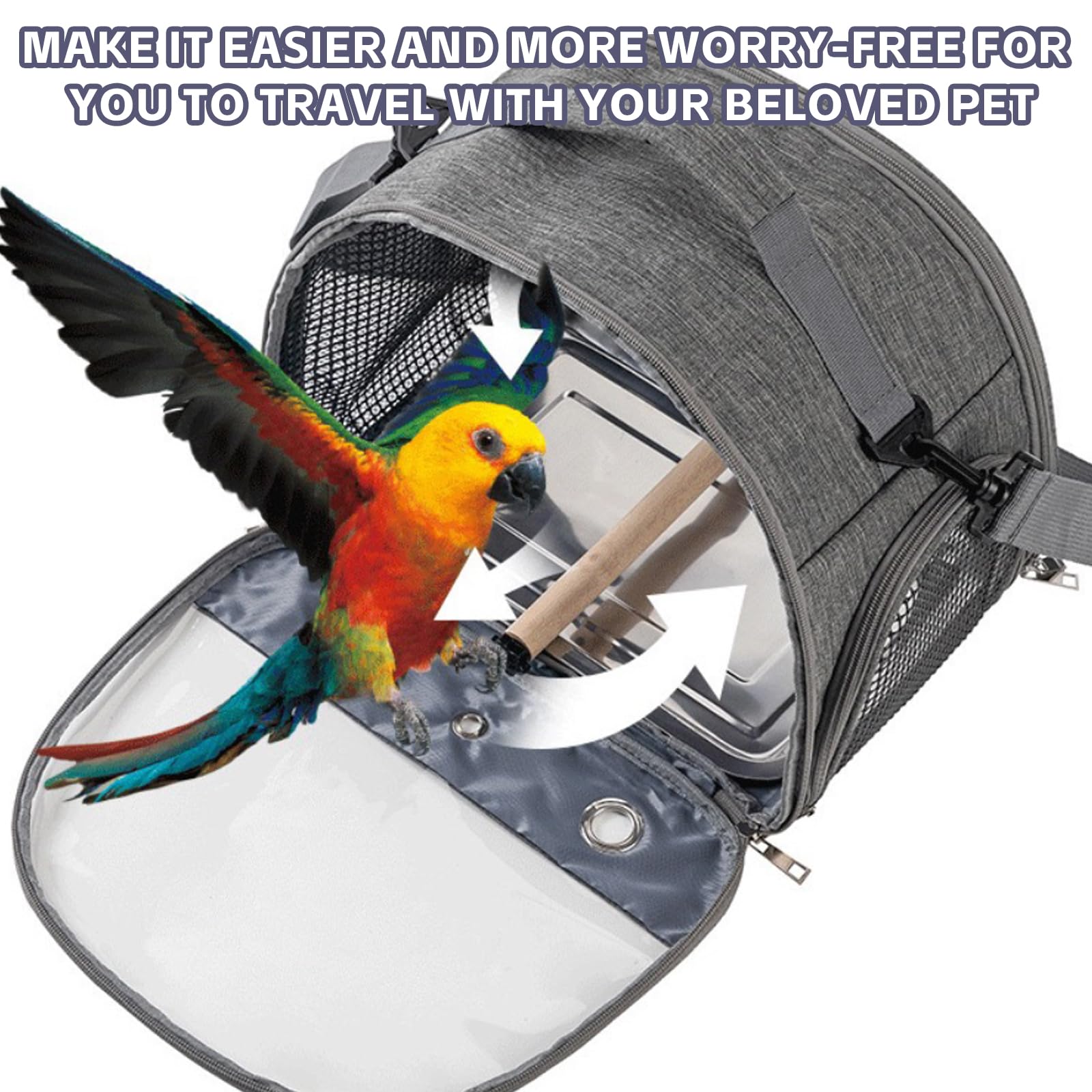 Borsa per uccelli con asta e vassoio in acciaio inox, per il trasporto di uccelli, traspirante, portatile, per pappagallini, piccoli animali, Bird Transport Box (grigio)