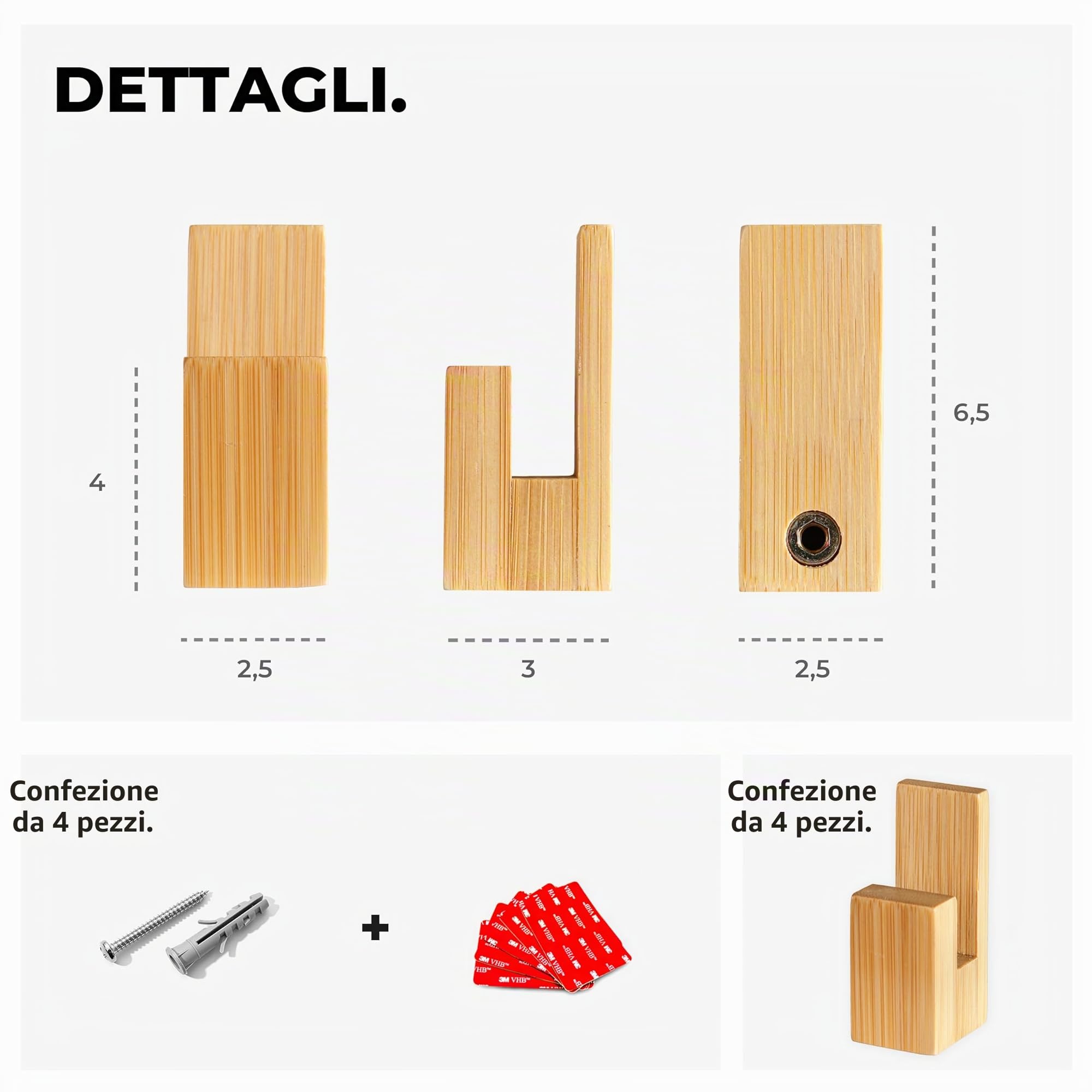 Set 4 Ganci Appendiabiti Adesivi - Appendini e Portaasciugamano da Bagno - Accessori Senza Forare - Appendi Accappatoio - Ganci di Bambù