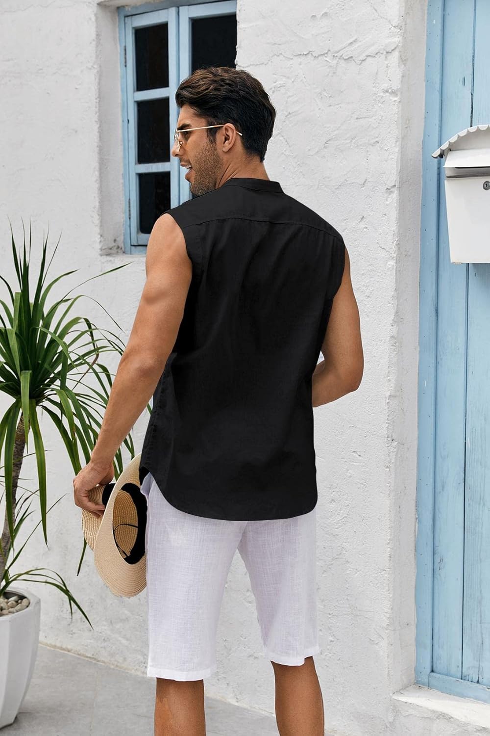 Bbalizko Mens Sleeveless Button Down Shirts Linen Cotton Summer Beach Basic Tank T-Shirt Tops - Image 4