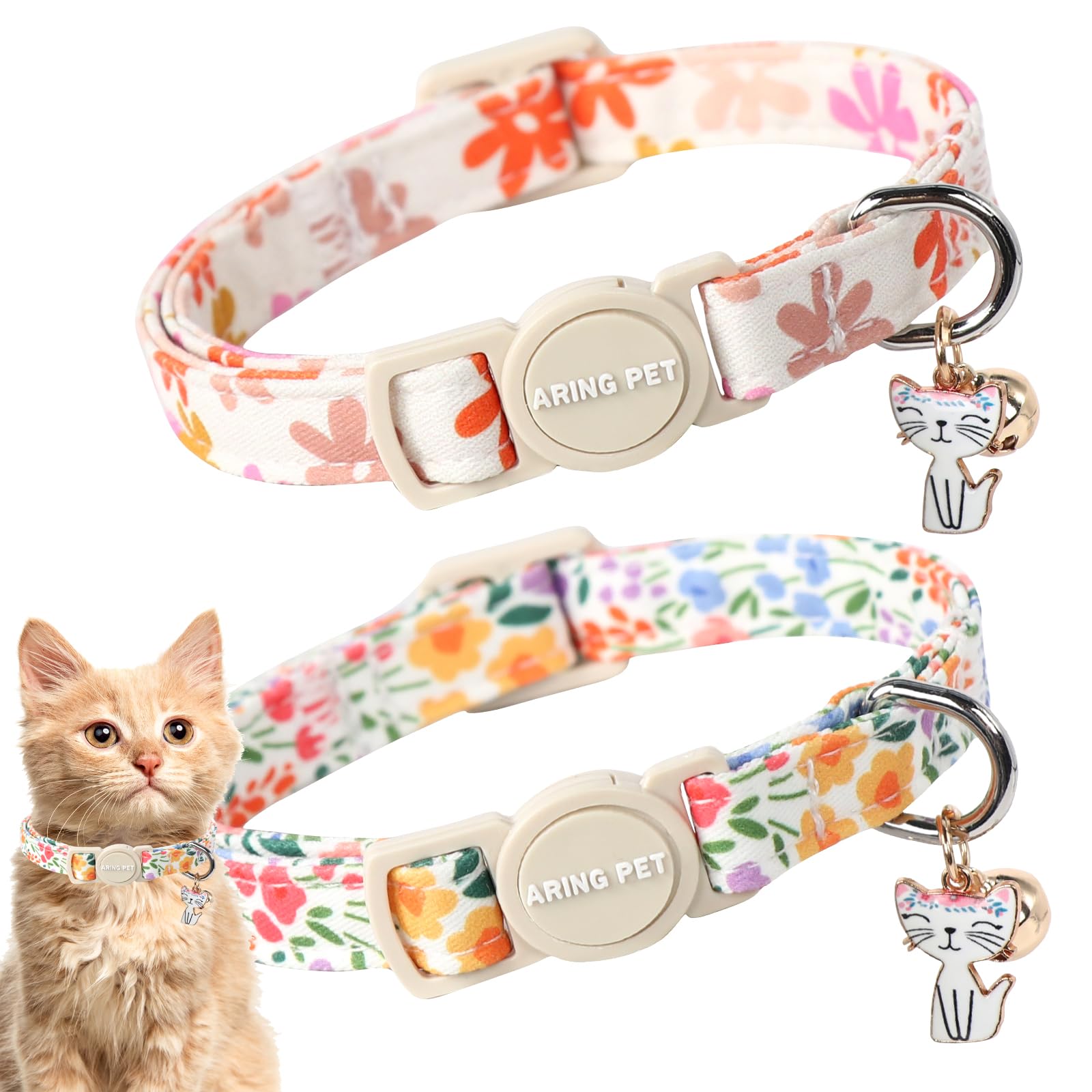 ARING PET 2 Pack Cat Collars-Cute Breakaway Cat Collar with Bell & Pendant, Adjustable Floral Pattern Female Kitten Collars with Safety Buckle for
