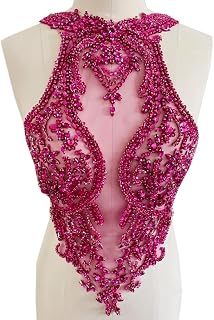 Handmade Rhinestones lace Applique handsewing Beads Trim Patches Dress Front Accessories (Rose red)