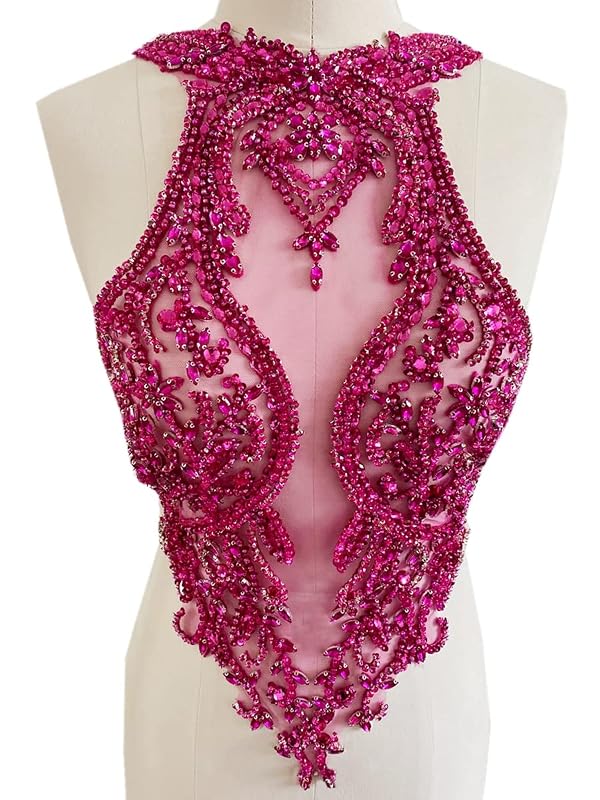 Handmade Rhinestones lace Applique handsewing Beads Trim Patches Dress Front Accessories (Rose red) by Generic - Used condition - US$9.17
