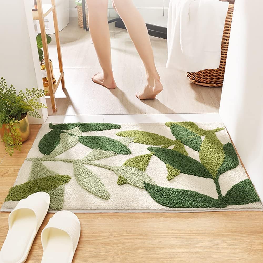 Green Leaves Bathroom Rug, Lovely Bath Rug, Nature Plant Floor Mats, Washable Microfiber Bath Mats for Shower Living Room Fast Dry 17.7"x25"s
