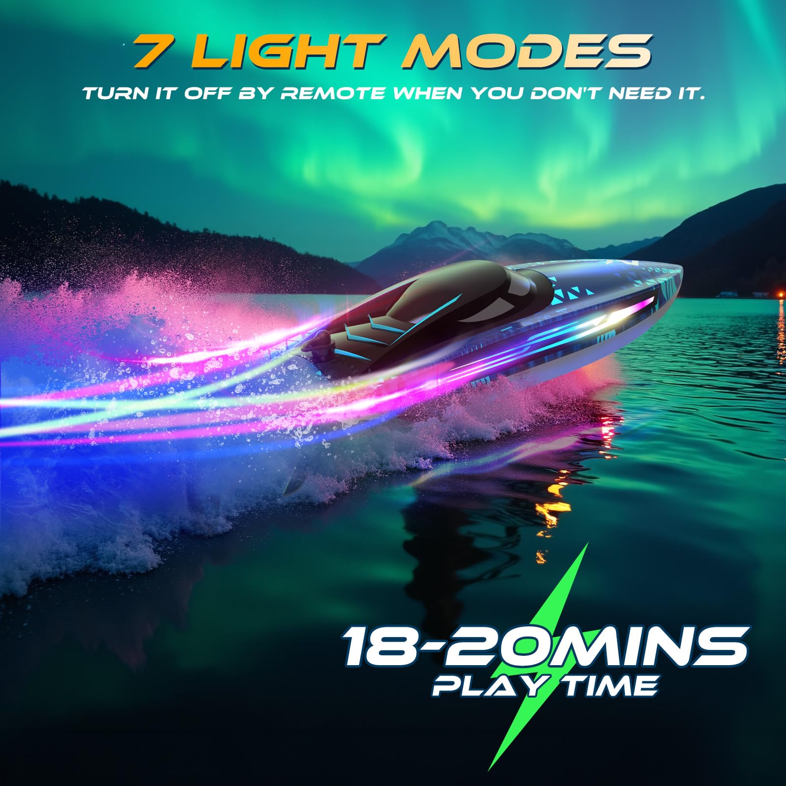 RC Remote Control Boat with 7LED Light Modes for Adults Kids 8-12 Pool Lakes, Waterproof 25KMH Electric Fast Boat with Self-righting,Demo, Low Battery/Over Distance/Signal Interference Alarm