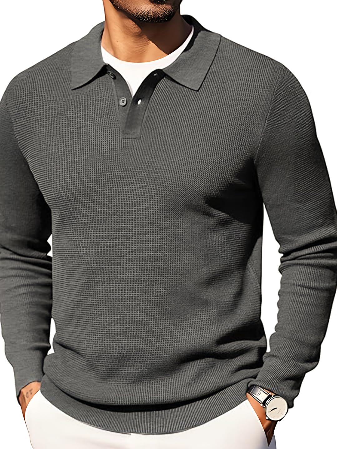 Men's Waffle Knit Polo Long Sleeve Sweaters Collared Polo Sweater