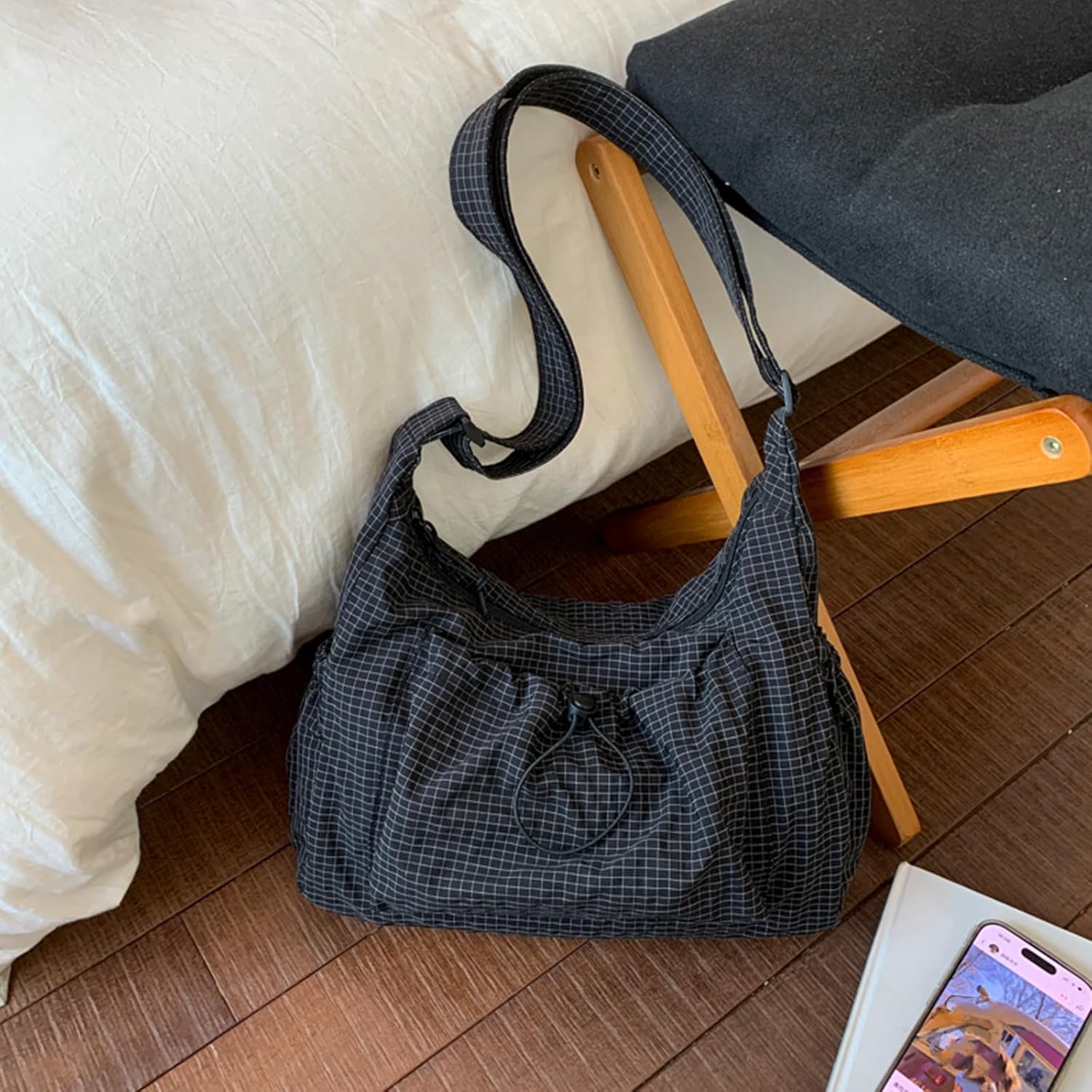 Nylon Hobo Bag Plaid Crossbody Shoulder Bag Drawstring Messenger Purse Soft Zipper Handbag Adjustable Shoulder Straps - Image 4