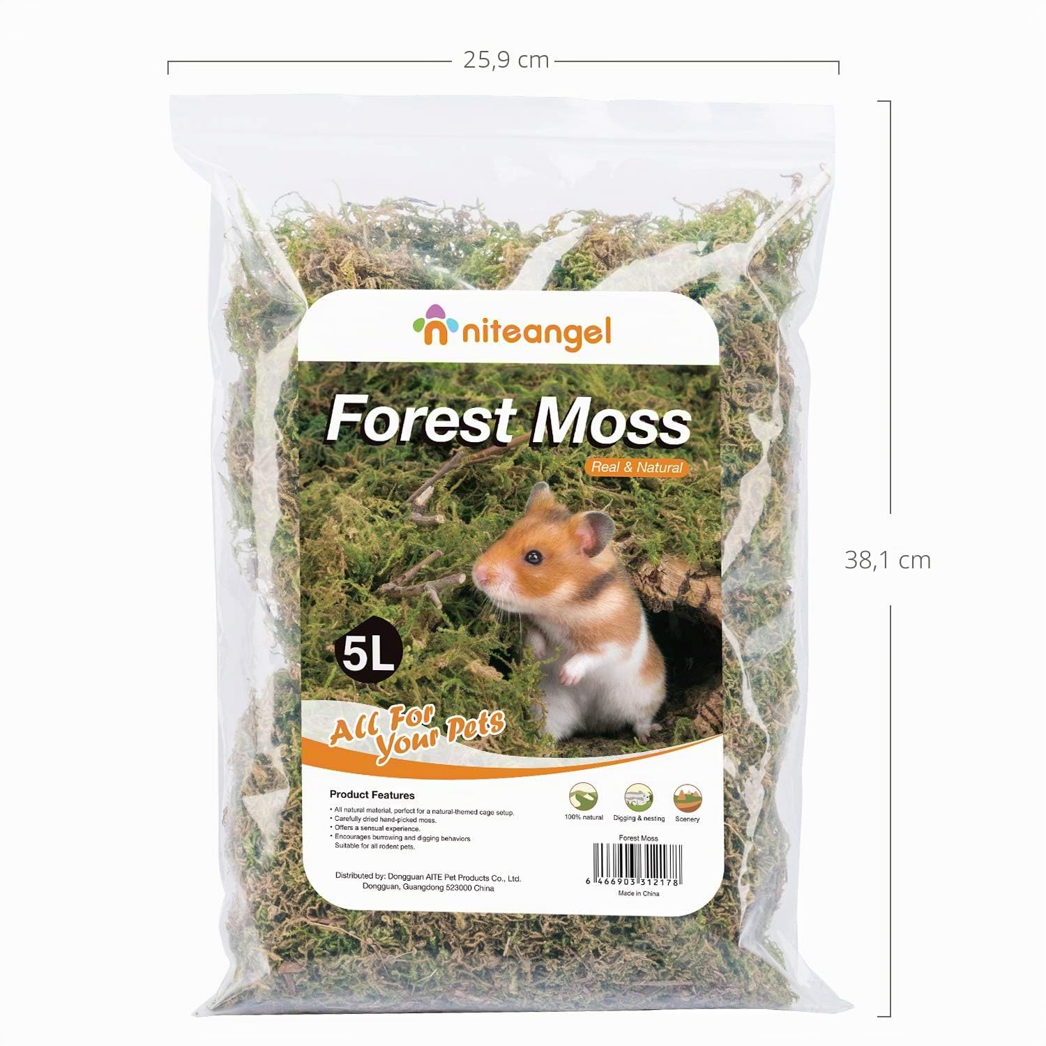 Niteangel Ropa de cama de musgo natural suave de 5 litros para hámsteres sirios enanos, jerbos, ratones, degus u otros animales pequeños