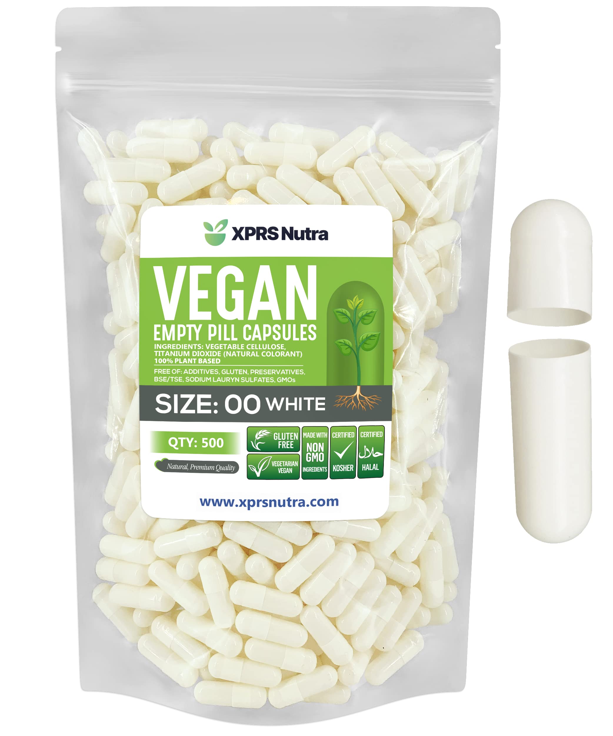 XPRS Nutra Size 00 Empty Capsules - 500 Count Empty Vegan Capsules - Vegetarian Empty Pills - DIY Vegetable Capsule Filling- Veggie Pill Caps (White)