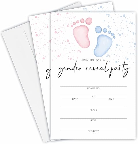 Miniatura 1 de JCVUK Invitaciones de baby shower huellas de bebé tarjetas de invitación de revelación de género con sobres paquete de 25 decoraciones y suministros