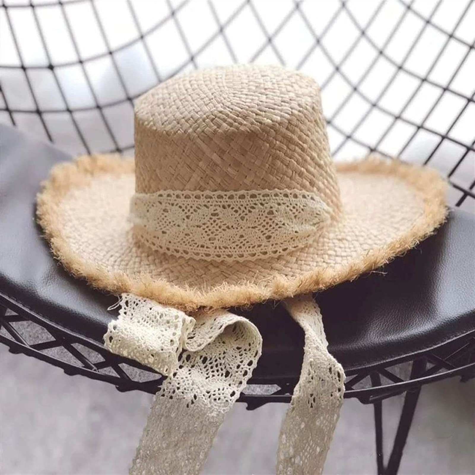 Chapeau de Soleil pour Femme Chapeau de Plage de Femmes d'été avec Le tempérament de Dentelles de Ruban Rond de Dames Ronds Plateaux de Paille Chapeaux Chapeaux Chapeau d’été (Color : 1, Size : L)