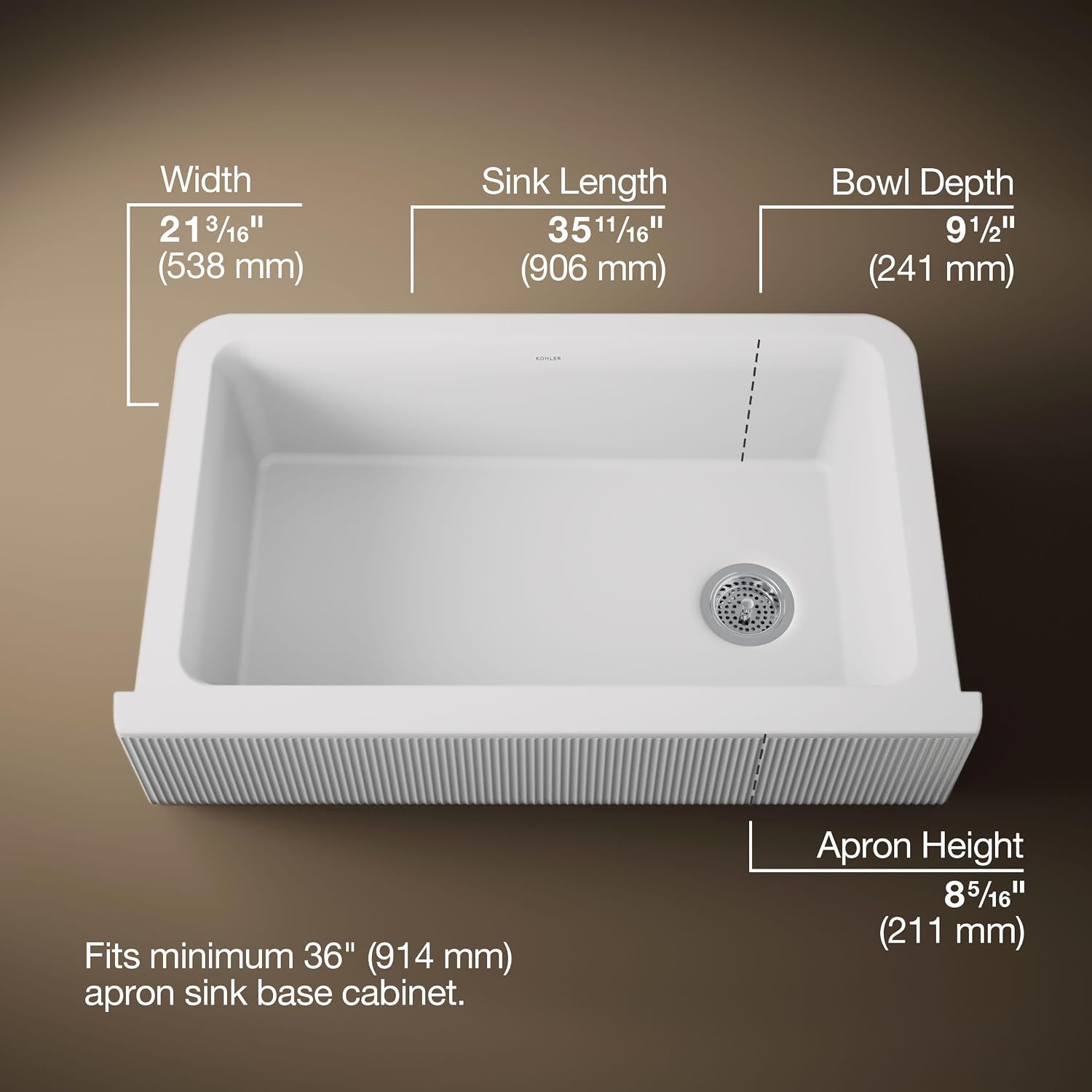 Kohler 25788-CM6 Cairn® 34" undermount single-bowl farmhouse kitchen sink with fluted design, Matte White