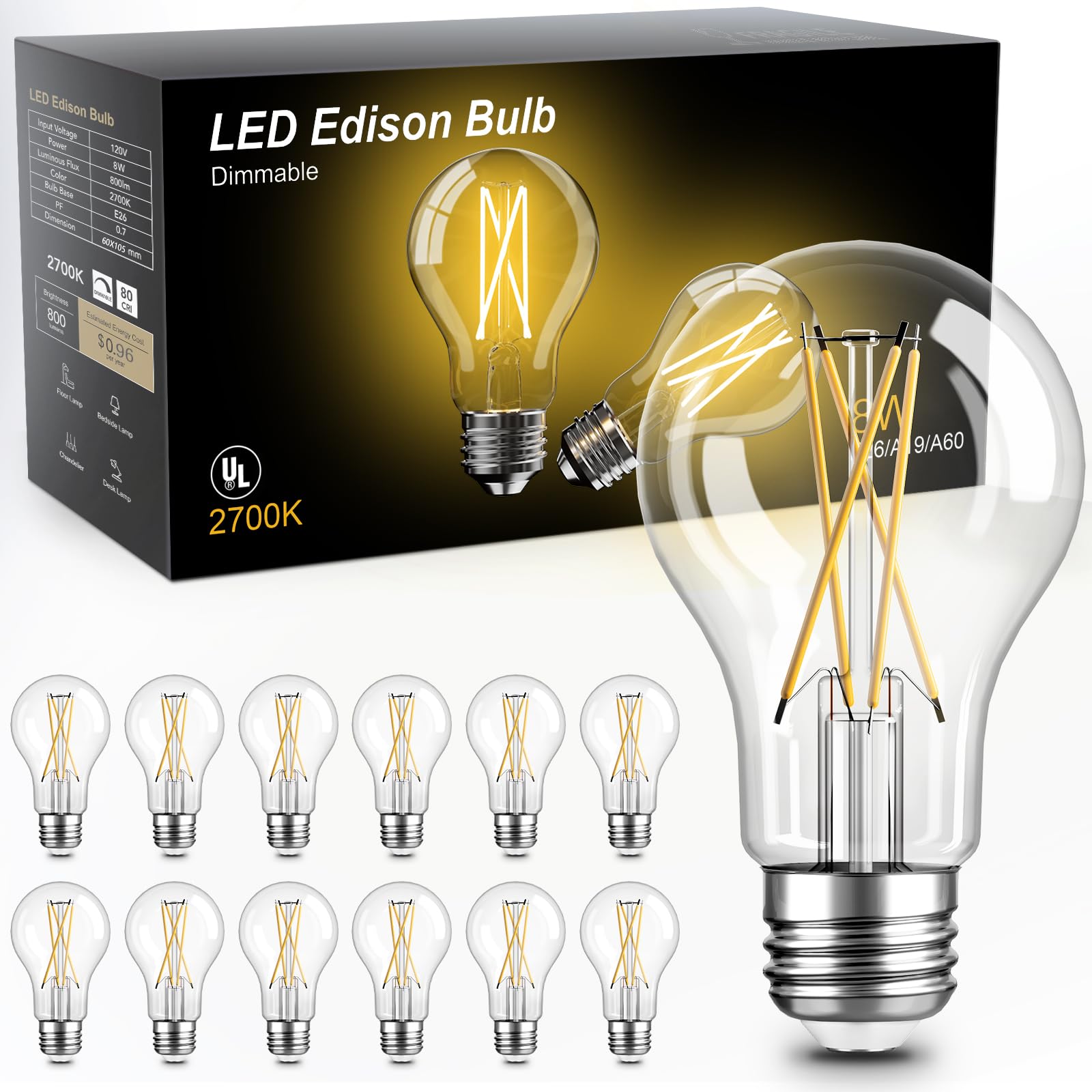TJOY 12 Pack A19 Vintage LED Edison Bulbs Dimmable 60W Equivalent High Brightness 2700K Warm White 8W E26