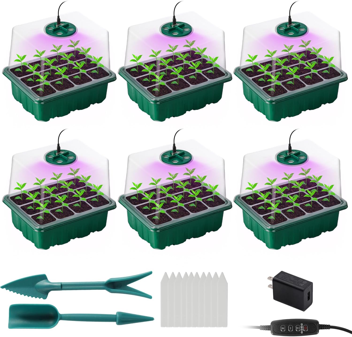 FuairmeeSeed Starter Tray with Grow Light with 5V2A Adapter, 6Pcs Seed Starter Kit with Timing Controller Adjustable Brightness, Thicken Seedling Starter Trays with Humidity Domes Heightened Lids.