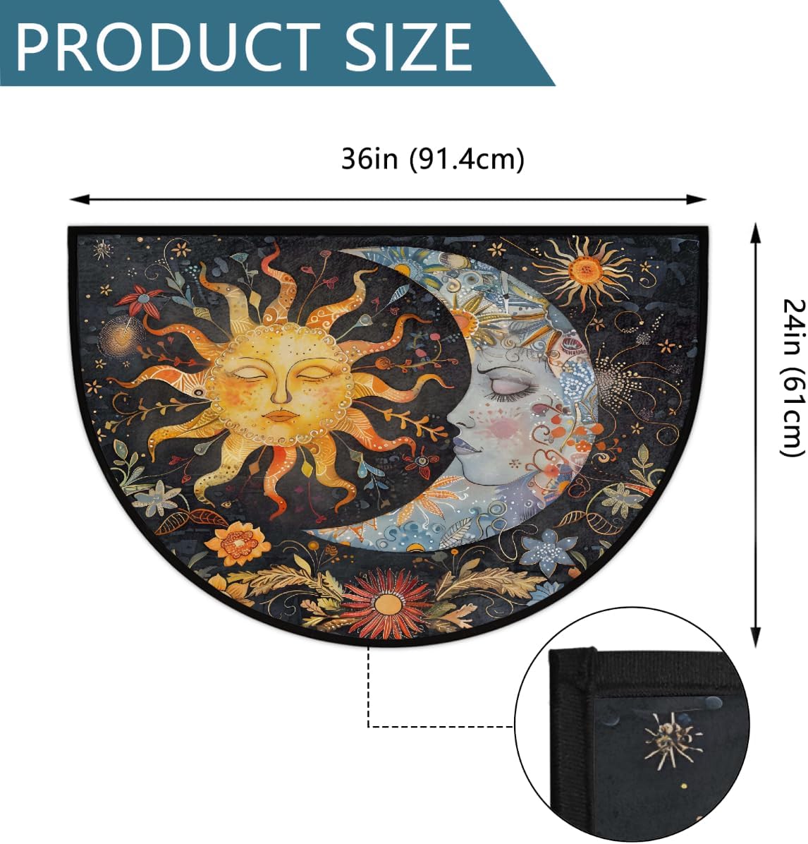 Half Round Door Mat Ethnic Moon Sun Non-Slip Soft Semi Circle Rug Washable Half Moon Welcome Entrance Doormat for Outdoor Indoor Floor Indoor Bedroom Bathroom Home Kitchen Festival Decor Gift