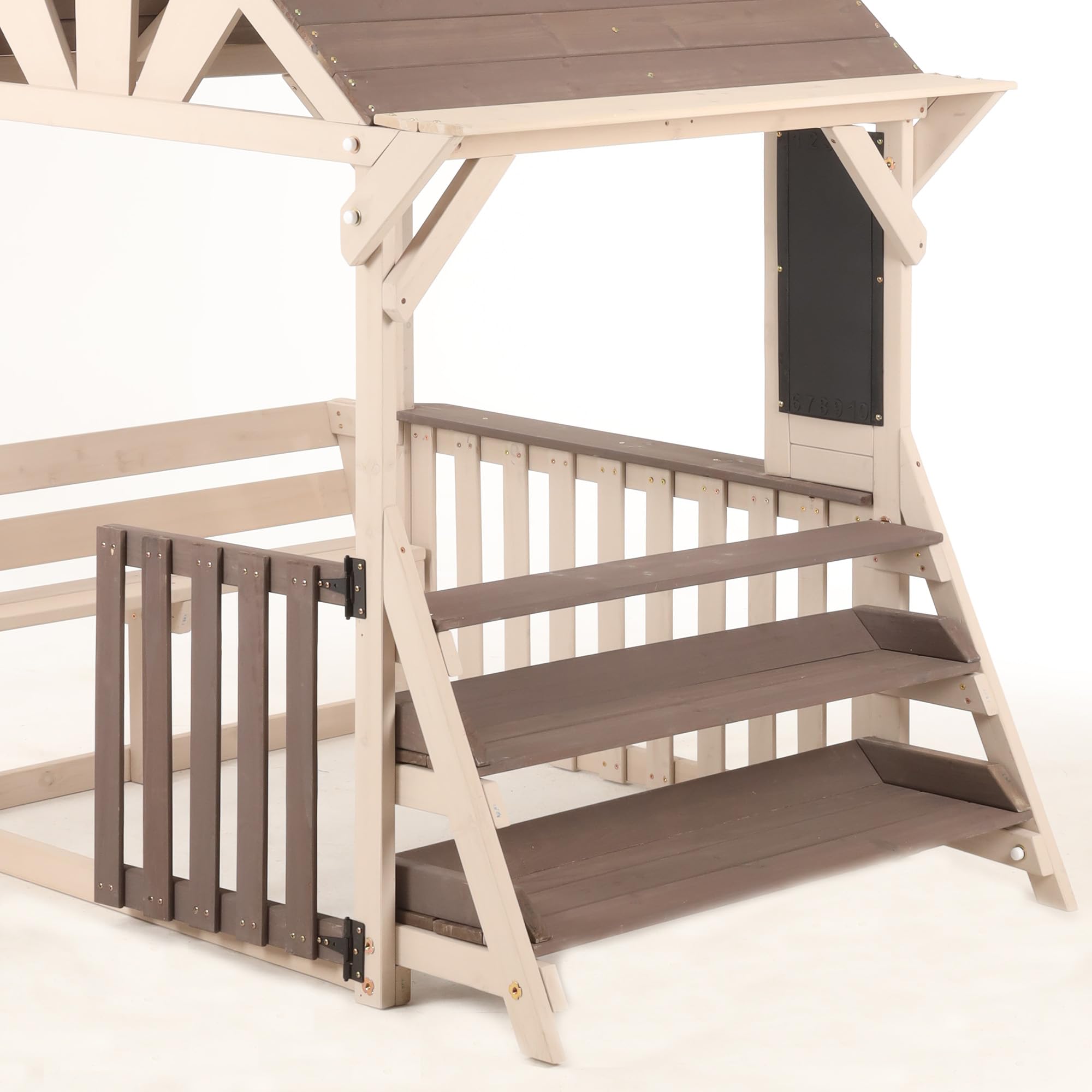 Set da cucina per esterni, a forma di casa, in legno con tetto antipioggia e ringhiera a mezza altezza, scaffale multiuso per piante e giocattoli, per bambini dai 3 anni in su, casa giochi