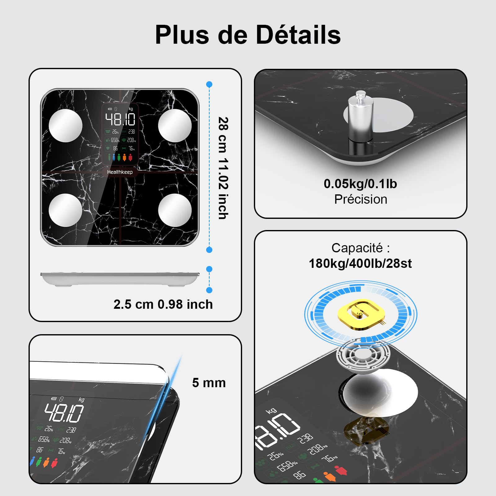 Balance Pèse Personne, Healthkeep Balance Connectée Impédancemètre Grand Écran VA avec Fréquence Cardiaque avec 15 Mesures Avec APP pour Andriod et iOS 180kg/400lb/28st, Noir