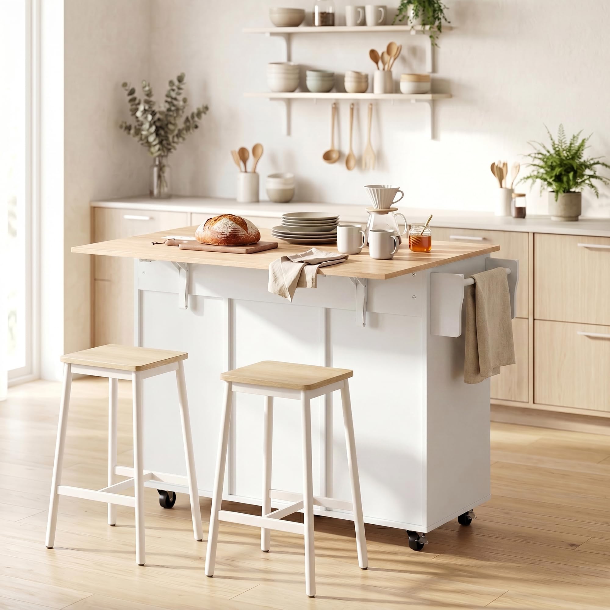 HOMCOM Isla de Cocina con Encimera Extensible, para Comedor, Blanco | Carro de Cocina con Ruedas, 2 Cajones, 3 Armarios, Estantes en la Puerta, Toallero, Estantes Ajustables