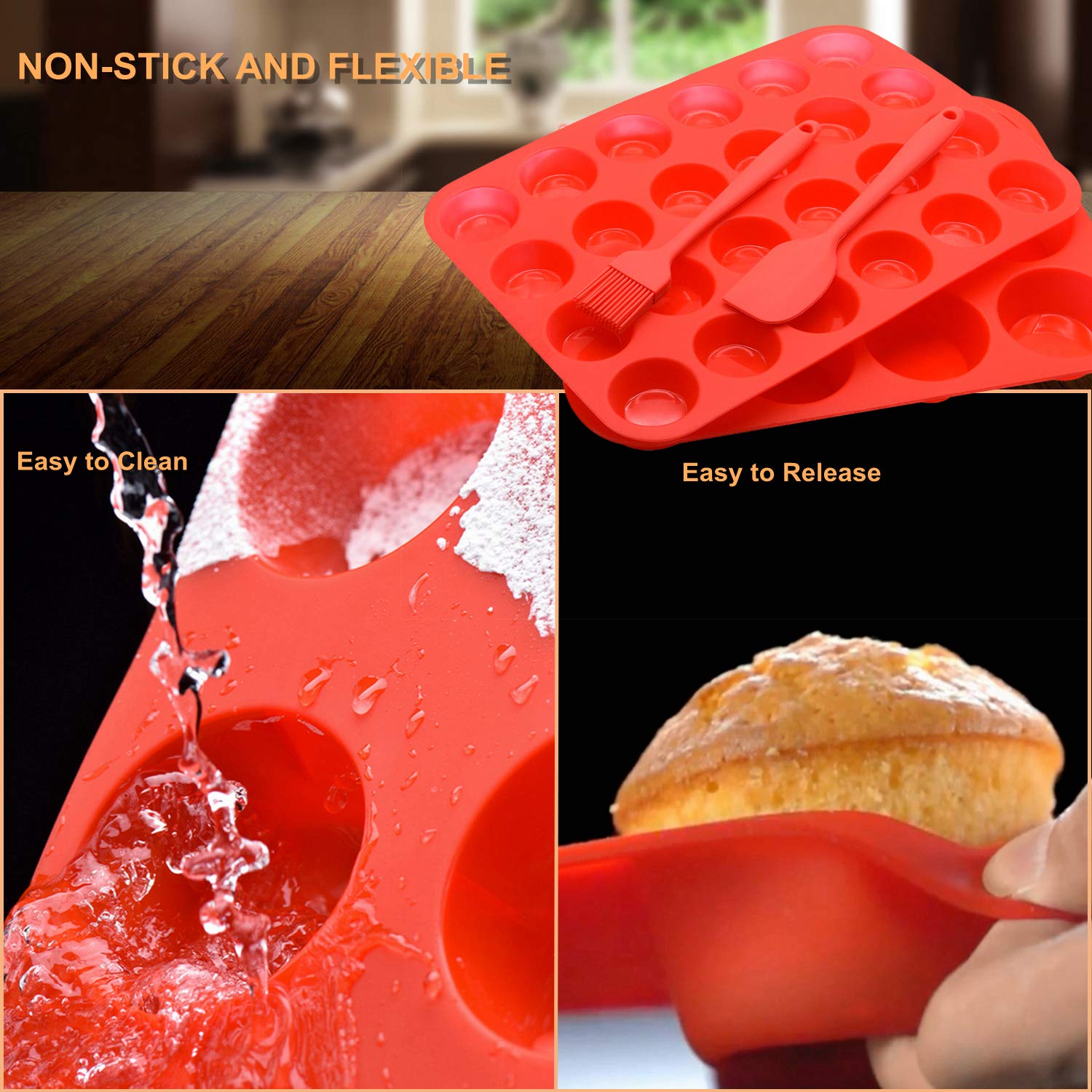 Silikon Muffinform Set,Regular 12 Tassen und Mini 24 Tassen Cupcake Backform, antihaftbeschichtet, hitzebeständig, Lebensmittelqualität Silikon Backformen mit Bonus 1 Silikonspatel & 1 Ölpinsel (rot)