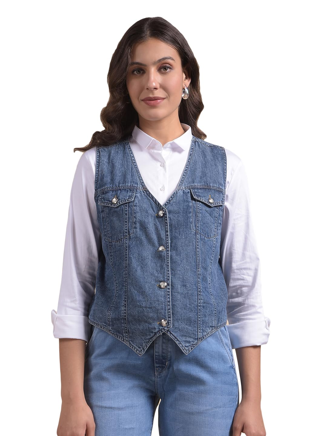 Women's Solid Slim Fit Mid Blue Waistcoat-image-21