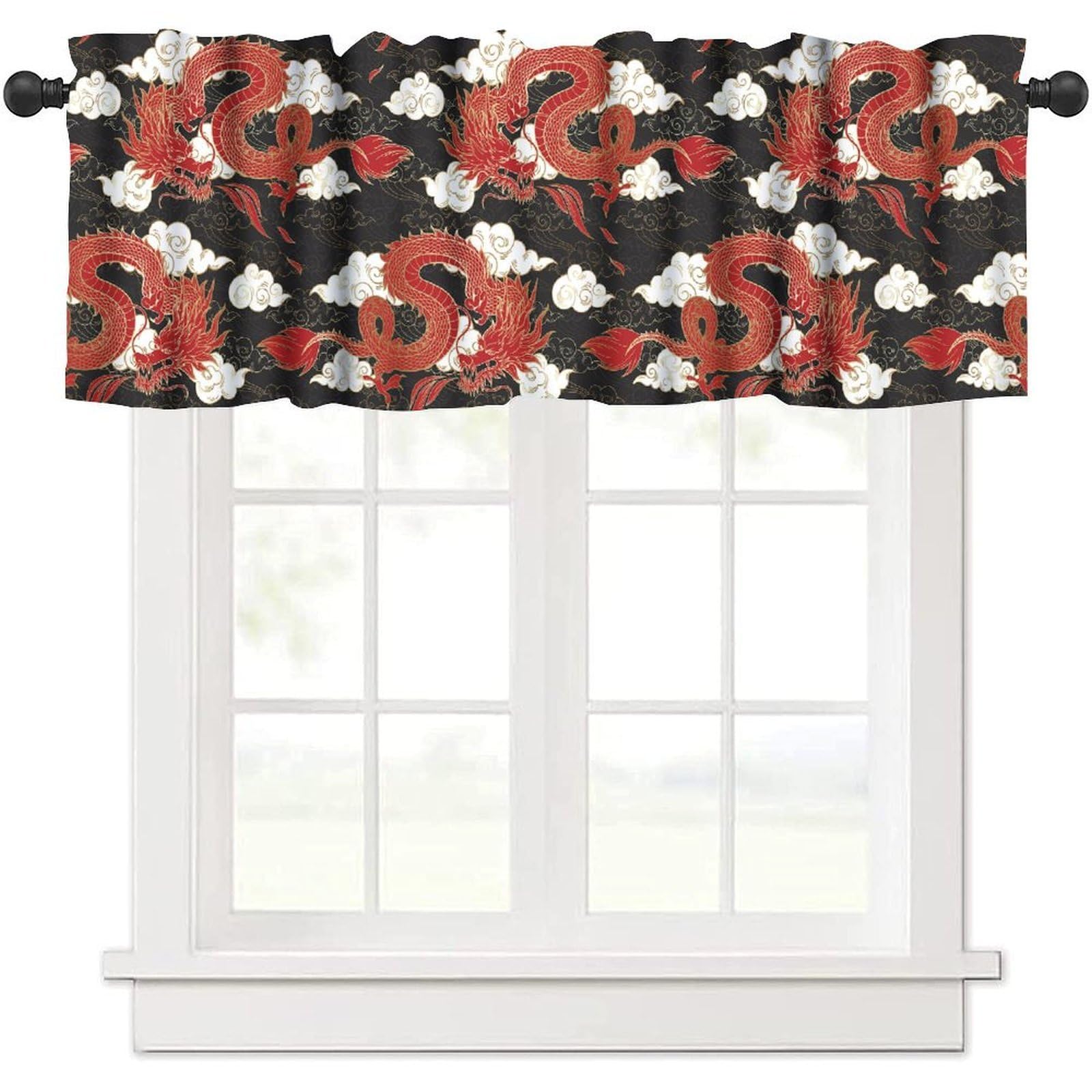 moderw Asian Red Dragon Valance Curtain Traditional Chinese Japanese Dragons Flying Mascot Animal Clouds Window Treatment Valance for Dining Room Kitchen Canteens 54x18inch
