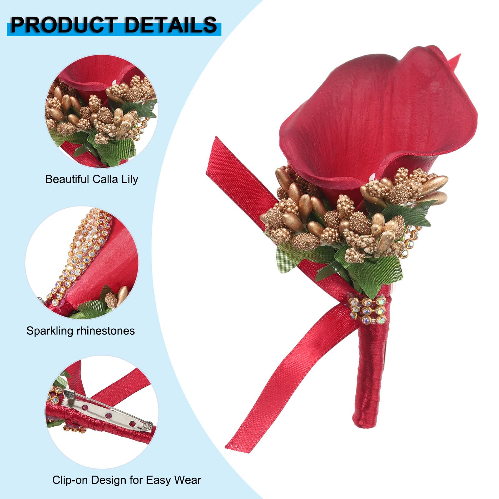 PATIKIL Calla Lily Boutonnieres for Men 2 Pack Handmade Groom Groomsmen Boutonnieres Corsages with Pins for Wedding Ceremony Anniversary Party Prom Purple-Red - Image 3