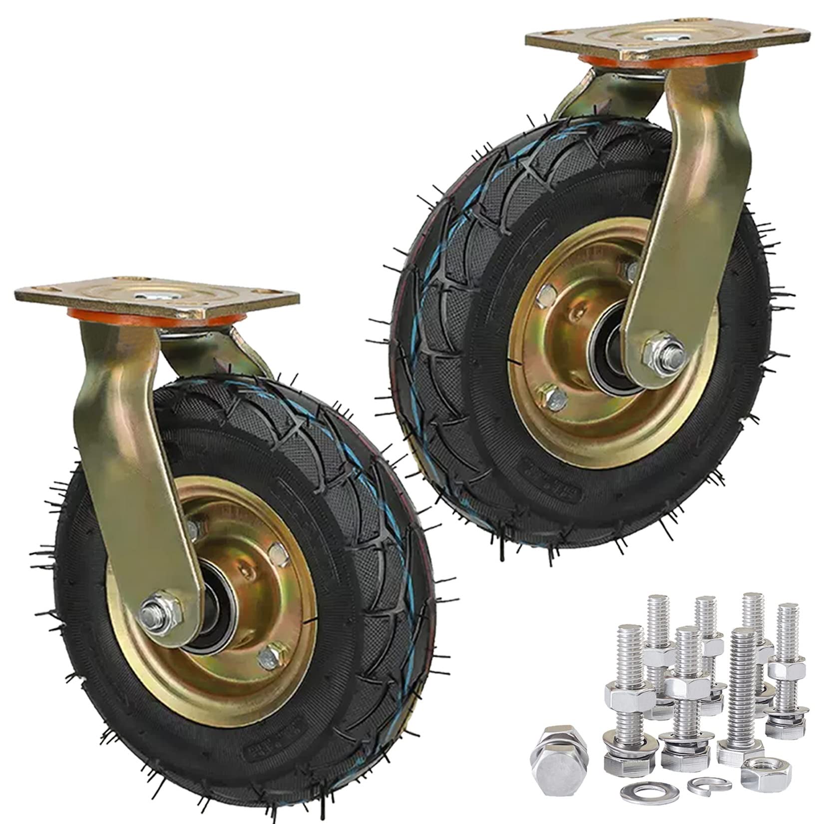 GBRJUYF Heavy-Duty 200mm 250mm Swivel Casters with Brake Double Bearing Rubber Pneumatic Wheels 2-Pack for Tool Carts and TrolleysTransport Wheels