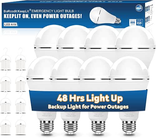 BoRccdit KeepLit 8 Pack Emergency Rechargeable Light Bulbs, 48H Long