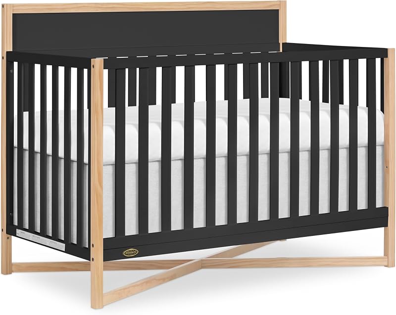 Cuna convertible 5 en 1 Owen de tamaño completo, GREENGUARD Gold | 3 altura ajustable, se convierte en cama para niños pequeños, de día y de tamaño completo, verificada por BSA, probada por ASTM/CPSC, base en X de madera, negro mate
