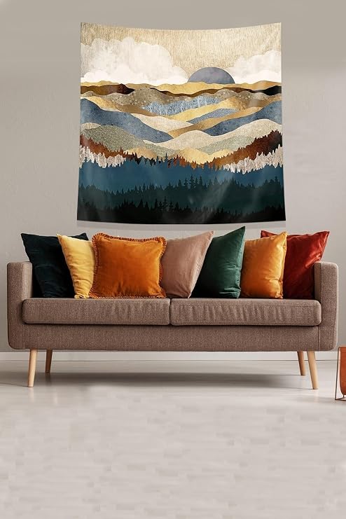 Pelangi Gold Doğan Güneş Leke Tutmaz Kadife Kumaş Duvar Örtüsü Duvar Halısı Tapestry KWLL323, 35 x 50