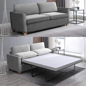 PUREMIND Sleeper Sofa Couch with Pullout Bed, Full Size Pull Out Sofa Bed with Folding Mattress, Velvet 2-in-1 Pull Out Couch Beds, Sleeper Loveseat Pull-Out Beds for Living Room, Small Spaces, Grey