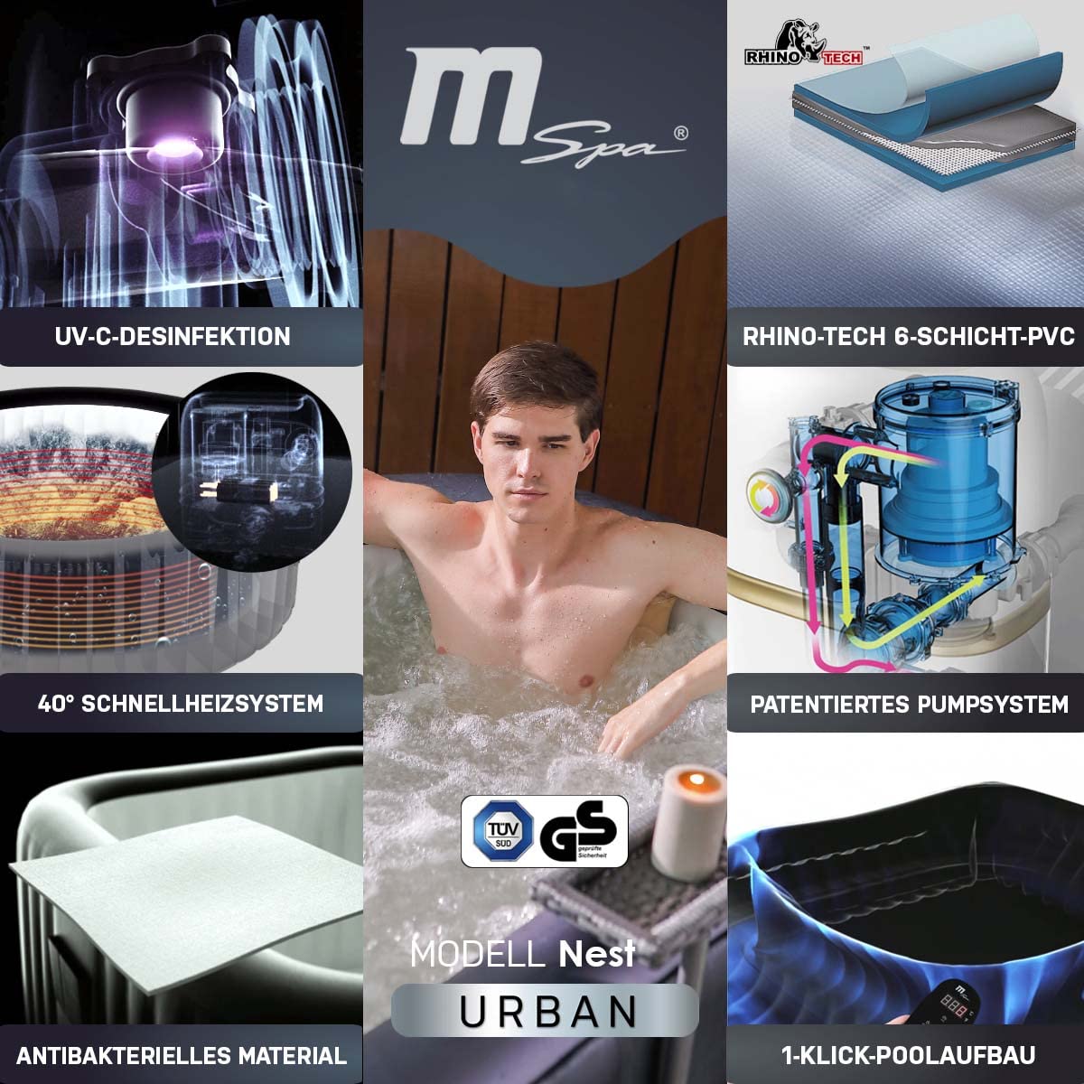 Miweba MSpa Whirlpool Nest | 2 Personen Pool aufblasbar - Spa eckig 186.0 cm x 125.0 cm - UVC+ Wasserreinigung - In & Outdoor Pool - Aufstellpool mit Fernbedienung - Hot Tub - Aufblasbarer Whirlpool