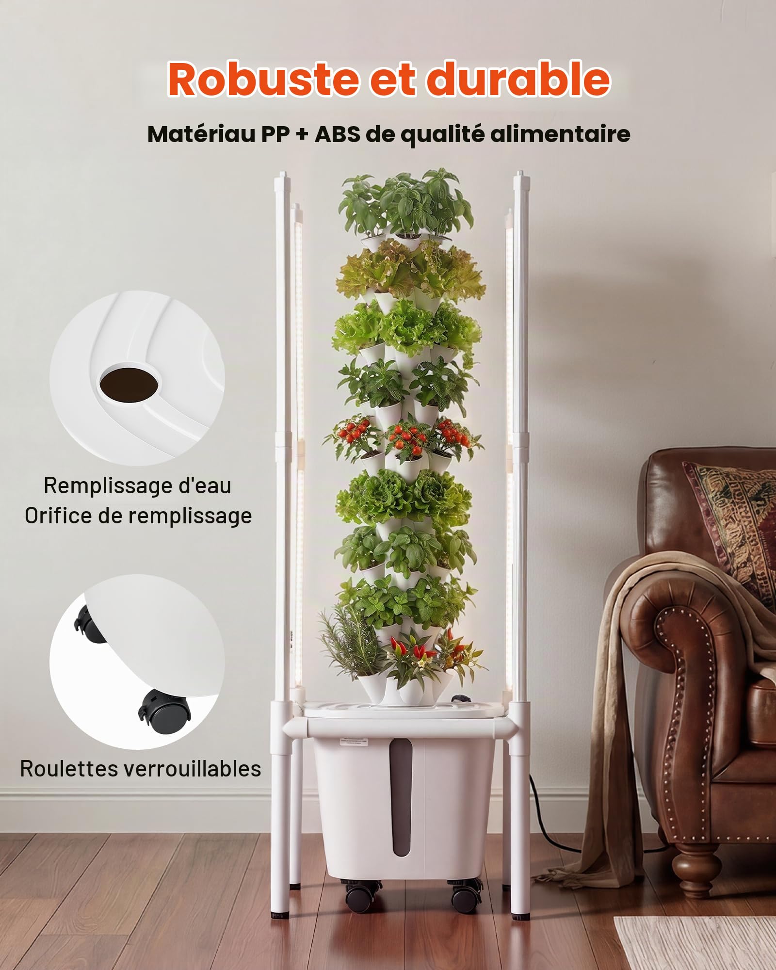 VEVOR Tour Hydroponique 9 Étages 45 Trous, Système de Culture Hydroponique pour Herbes, Légumes et Fruits, avec Lampe de Croissance LED, Contrôle par App, roulettes, Réservoir d'eau de 20 L et Pompe