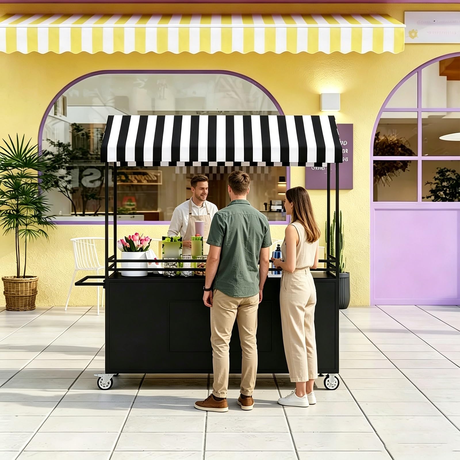 GMBAYUE Portable Vendor Cart with Canopy, Mobile Food Cart, Selling Food Booth Shelf, Vending Stand Kiosk Display Trolley, Vendor's Dessert Stall for Market Street Food & Events(Black)